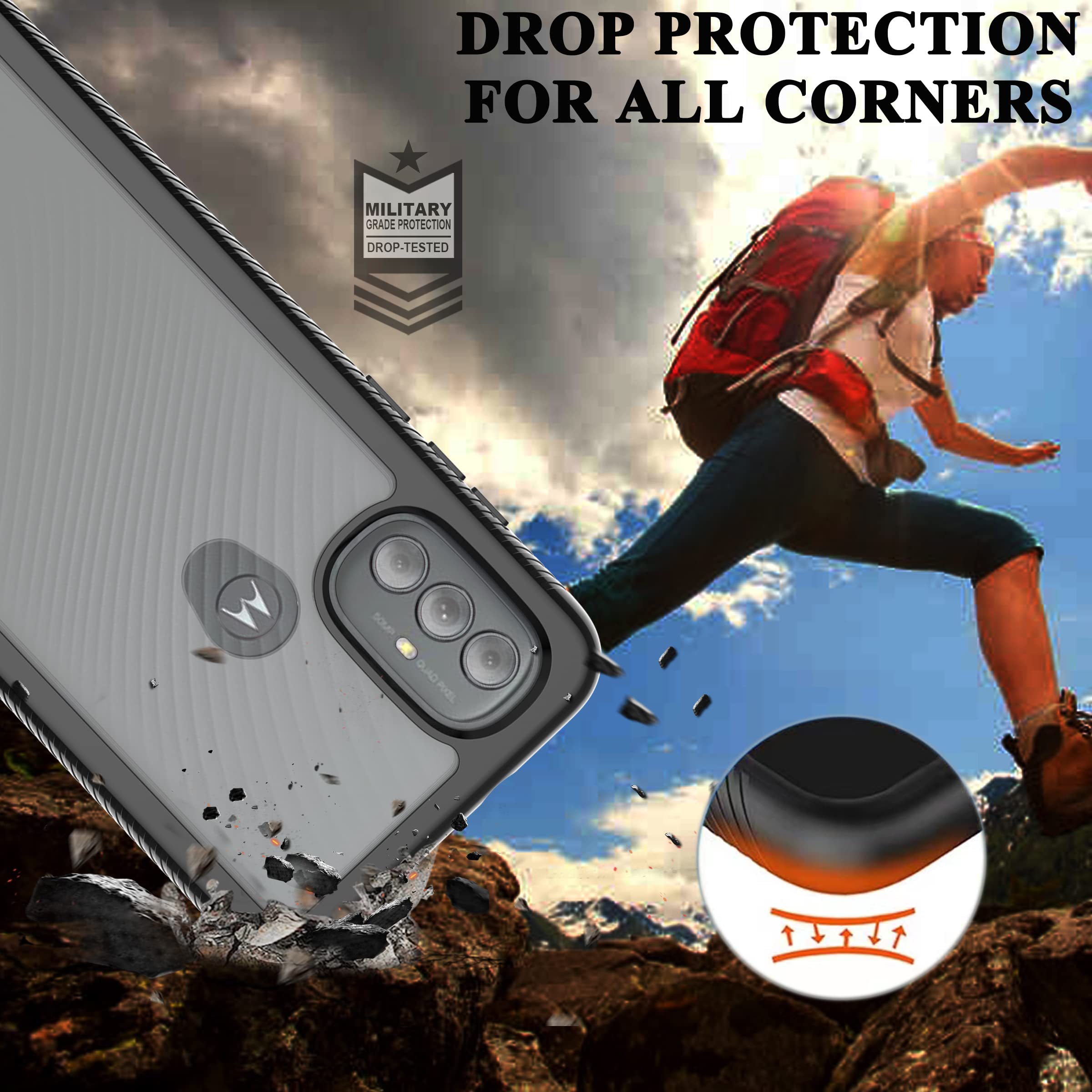 YmhxcY Phone Case for Motorola Moto G Power 2022 Full-Body Protective Shockproof Bumper PC TPU Clear Back with HD Screen Protector Black
