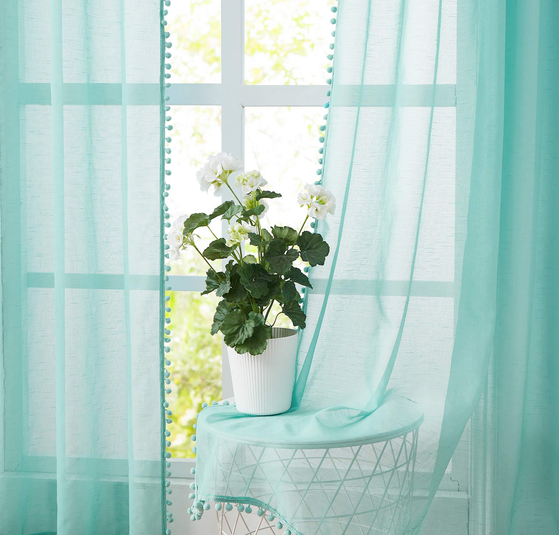 Treatmentex Pompom Sheer Window Curtains For Bedroom Aqua Blue 95Inches Length Decorative Sheer Window Drapes For Wedding Party