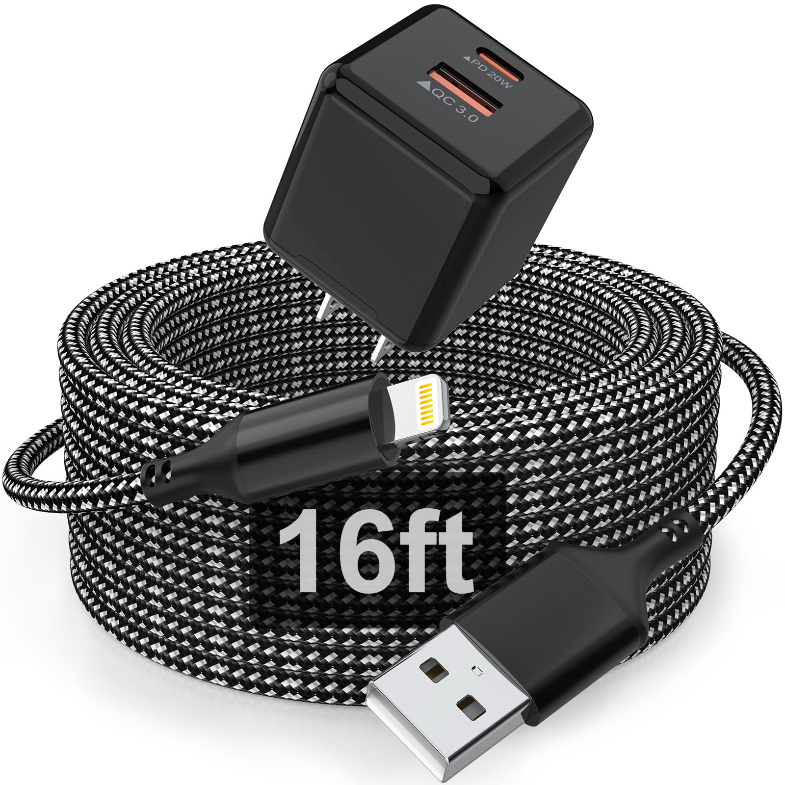 16 Ft Extra Long Iphone Charger Cord, [Apple Mfi Certified] With Dual Port 20W Pd + Qc 3.0 Wall Charger Plug, Nylon Braided Fast