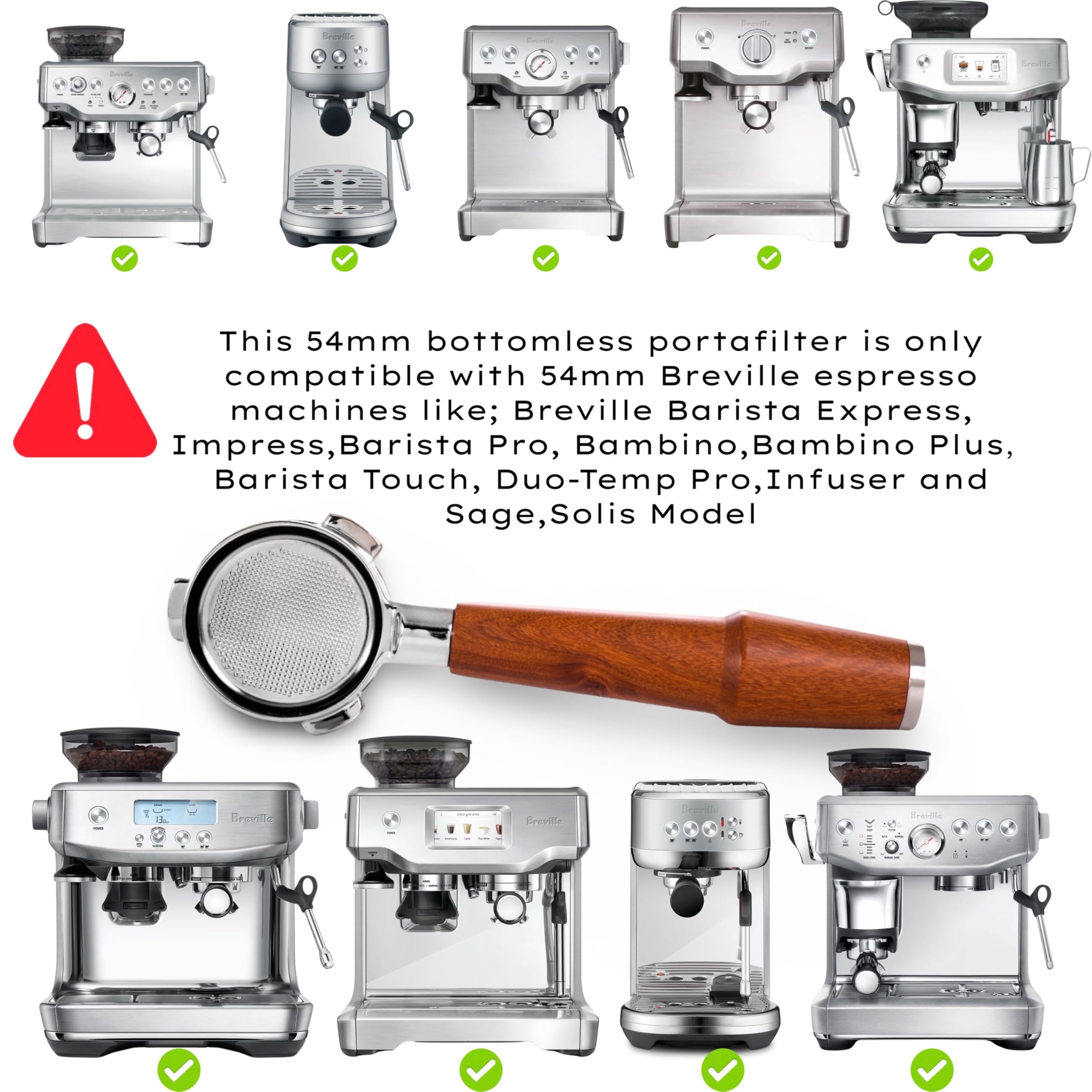 Knodos 54Mm Bottomless Portafilter Premium Rosewood Handle & Naked 18 21 Gram Filter Basket, Compatible With Breville Barista Ex