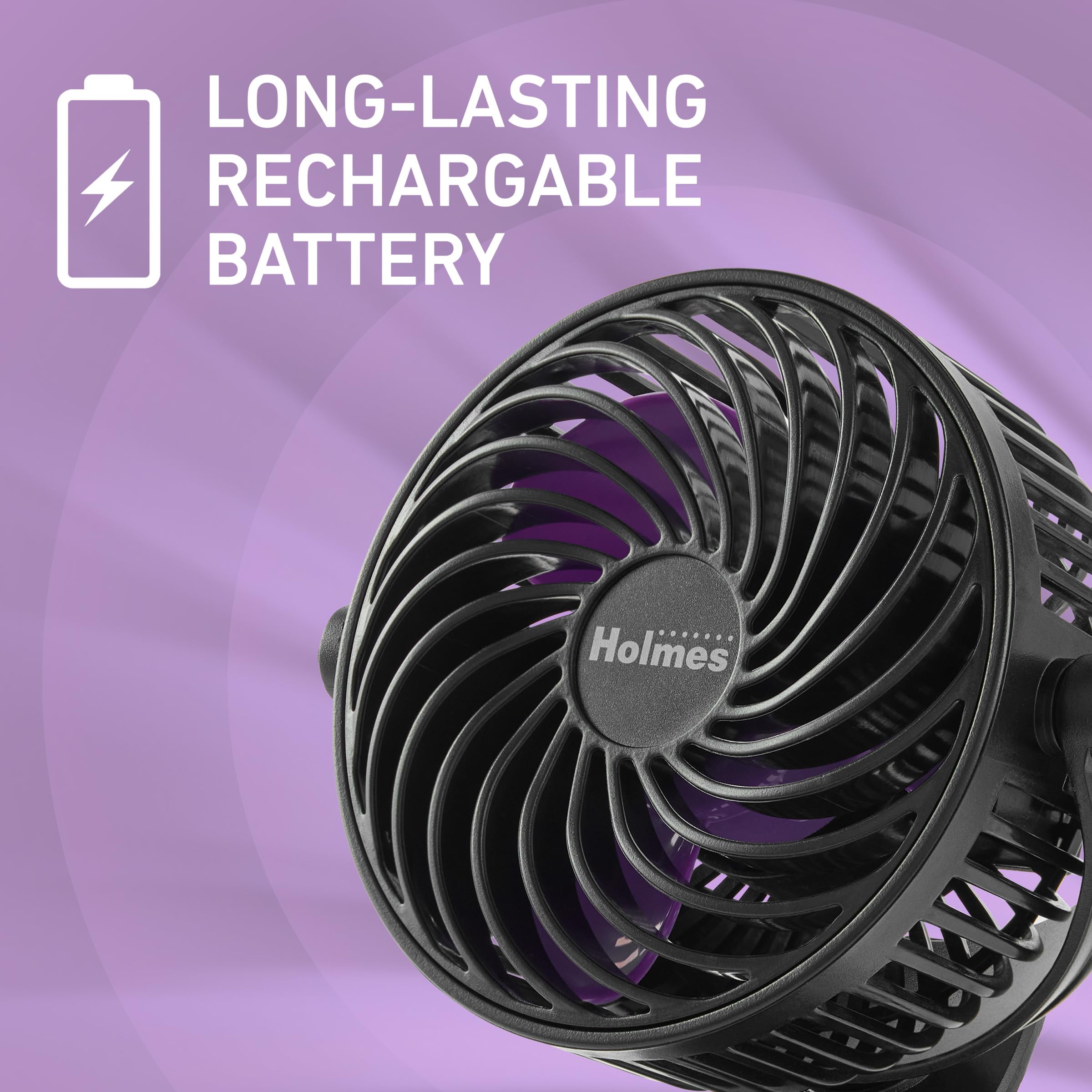 Holmes 4    On-The-Go Personal Fan With Clip - 3 Speeds, 360 Rotation, Rechargeable Battery, Usb-C Charging, Compact, Black With