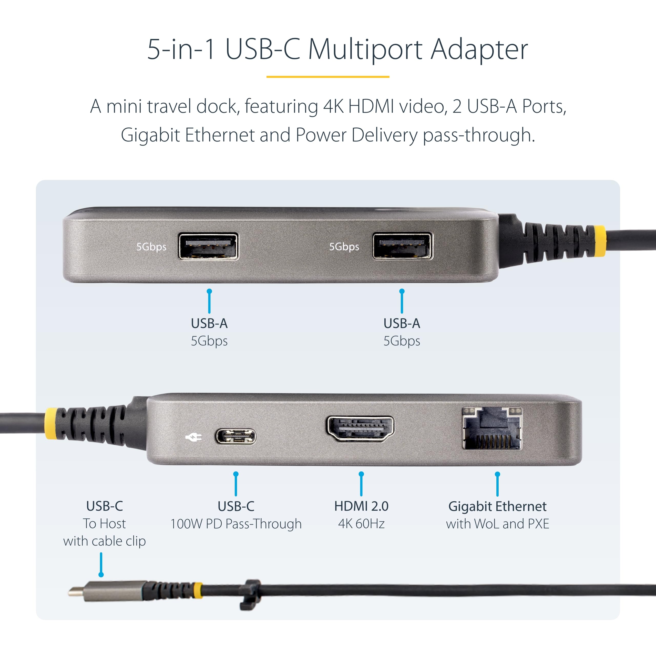 StarTech.com USB-C Multiport Adapter 4K 60Hz HDMI 100W PD 2-Port USB 3.0 Hub GbE Mini Dock Space Gray Aluminum