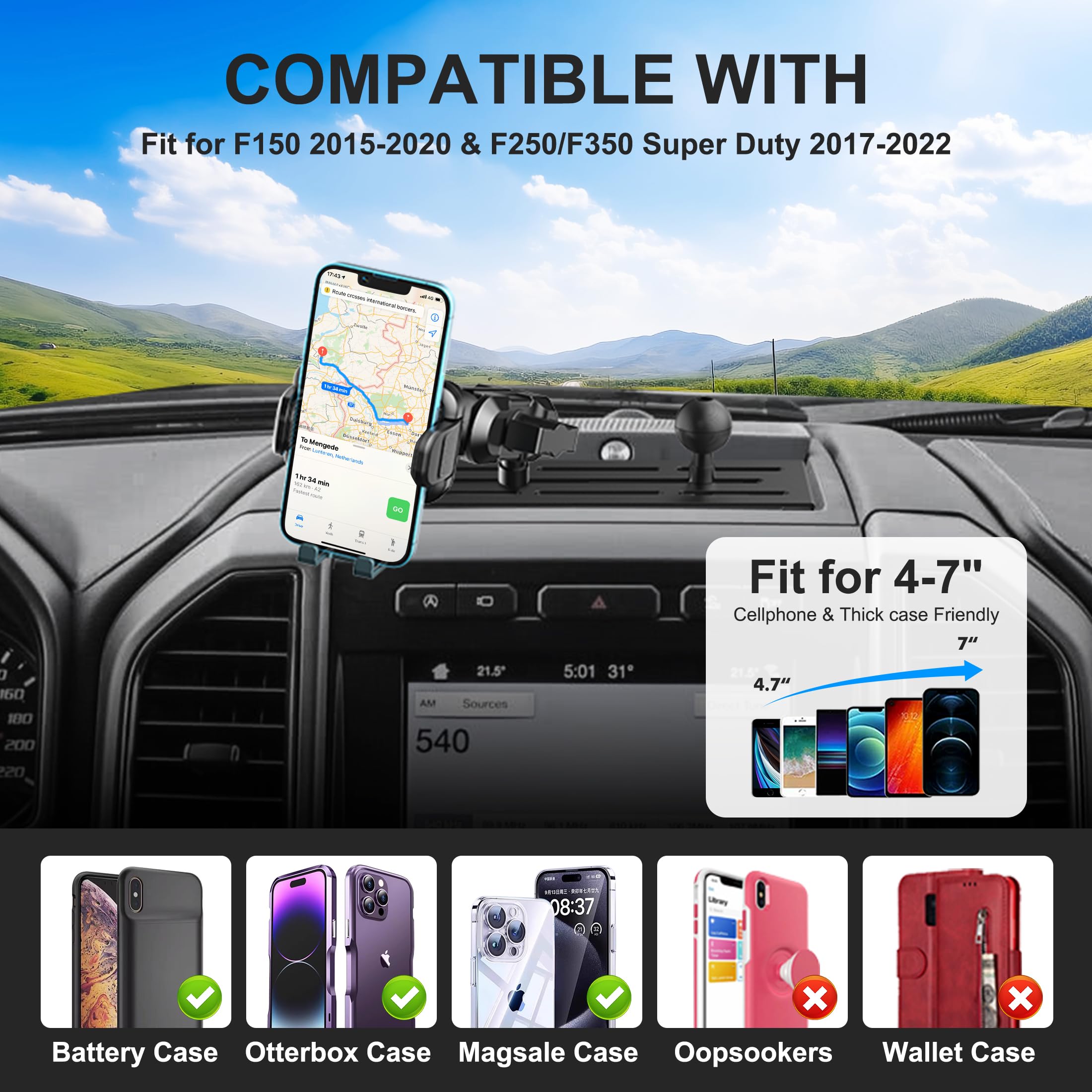 Surfcabin Dash Mount Phone Holder Compatible With 2015-2020 F150 2017-2022 F250 F350 Metal Cellphone Mounting Bracket Stand For