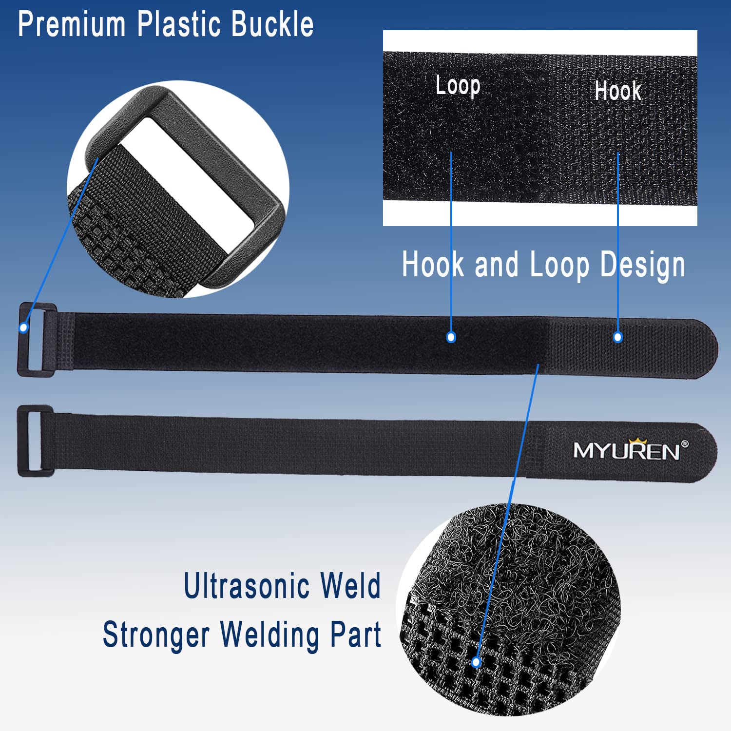 MYUREN Reusable Fastening Cable Straps Adjustable Hook and Loop with Buckle Black 1x18 inch 12 Pack