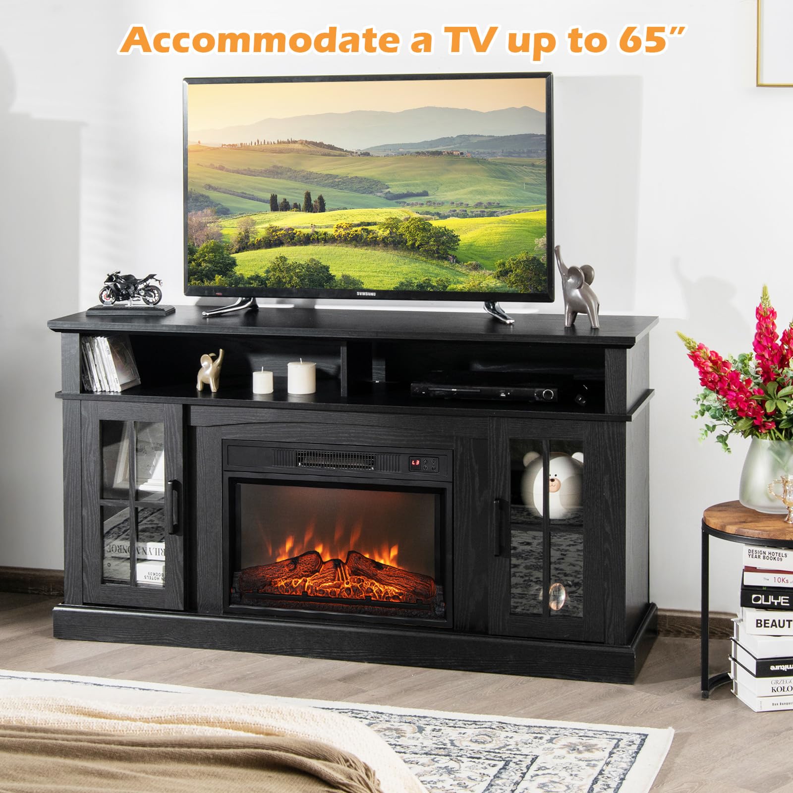 Tangkula Fireplace Tv Stand For Tvs Up To 65 Inch, 23 Inches Electric Fireplace With Remote Control, Overheat Protection, 3 Leve