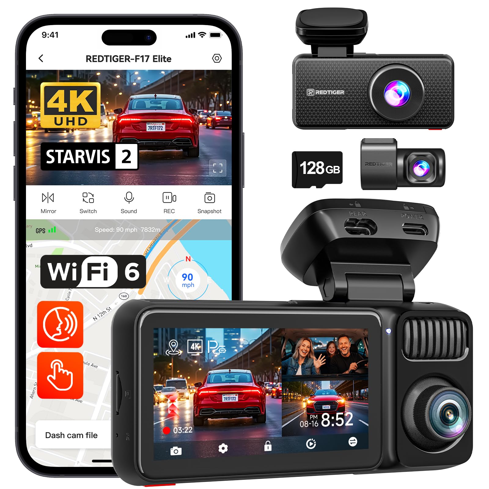 Redtiger F17 Elite 4K 3 Channel Dash Cam, Starvis 2 Imx678 & Imax 675, 128Gb Card, Full Night Color, 4K+2.5K+1080P Front And Rea