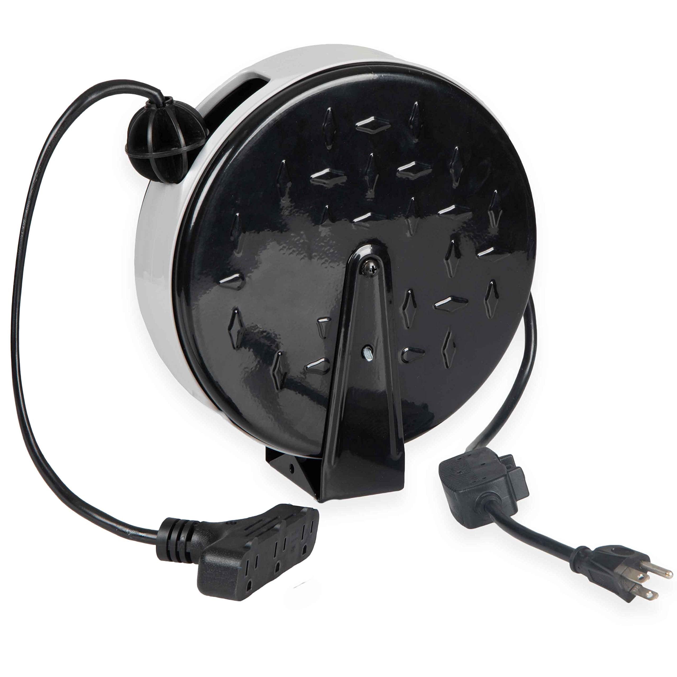 Iron Forge Cable 30 Ft Retractable Extension Cord Reel With Breaker Switch & 3 Outlets Pigtail, Metal Plate Ceiling/Wall Mount H