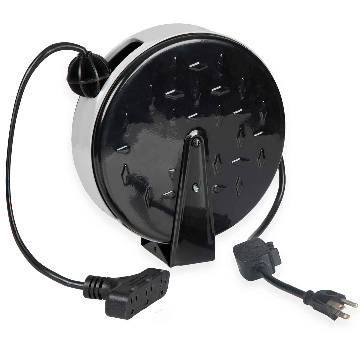 Iron Forge Cable 30 Ft Retractable Extension Cord Reel With Breaker Switch & 3 Outlets Pigtail, Metal Plate Ceiling/Wall Mount H