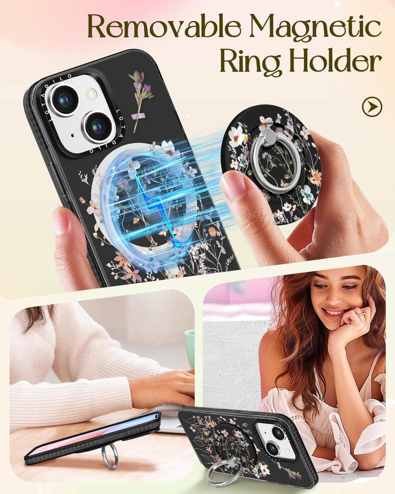 Lotadilo For Iphone 13 Case For Women Girls - Cute Design Compatible With Magsafe Magnetic Ring Holder Stand Foral Flower Aesthe