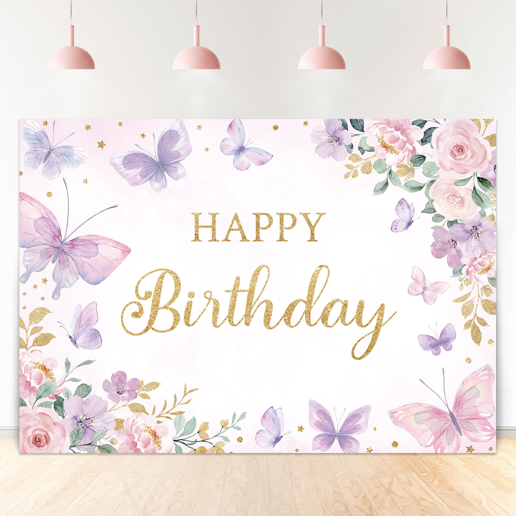 Ufeela Butterfly Floral Happy Birthday Backdrop 7Wx5H Feet Fabric Polyester For Girl Women Pink Purple Flower Watercolor Rose Bl