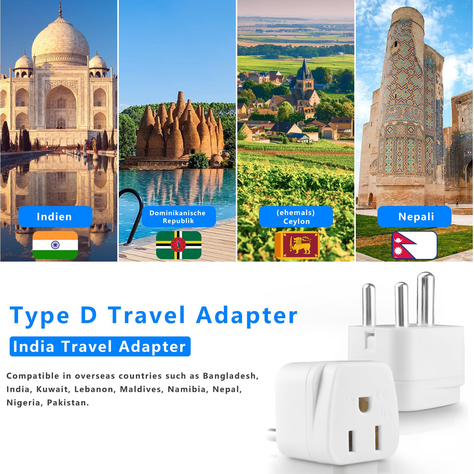 Us To India Plug Adapter,Type D Plug Adapter India Power Adapte Us To India, Bangladesh, Maldives, Pakistan Travel Adapter 2 Pac