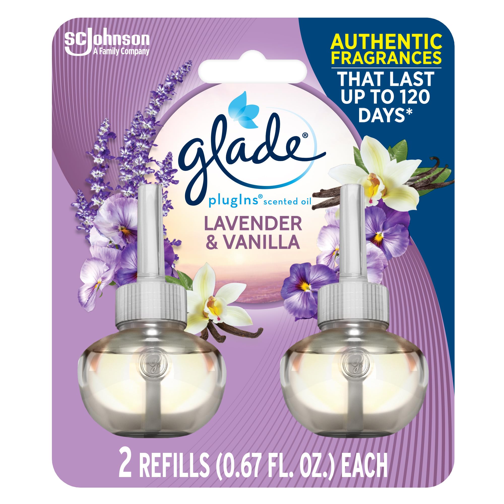 Glade Plugins Scented Oil Refill Lavender & Vanilla, Essential Oil Infused Wall Plug In, Up To 100 Days Of Continuous Fragrance,