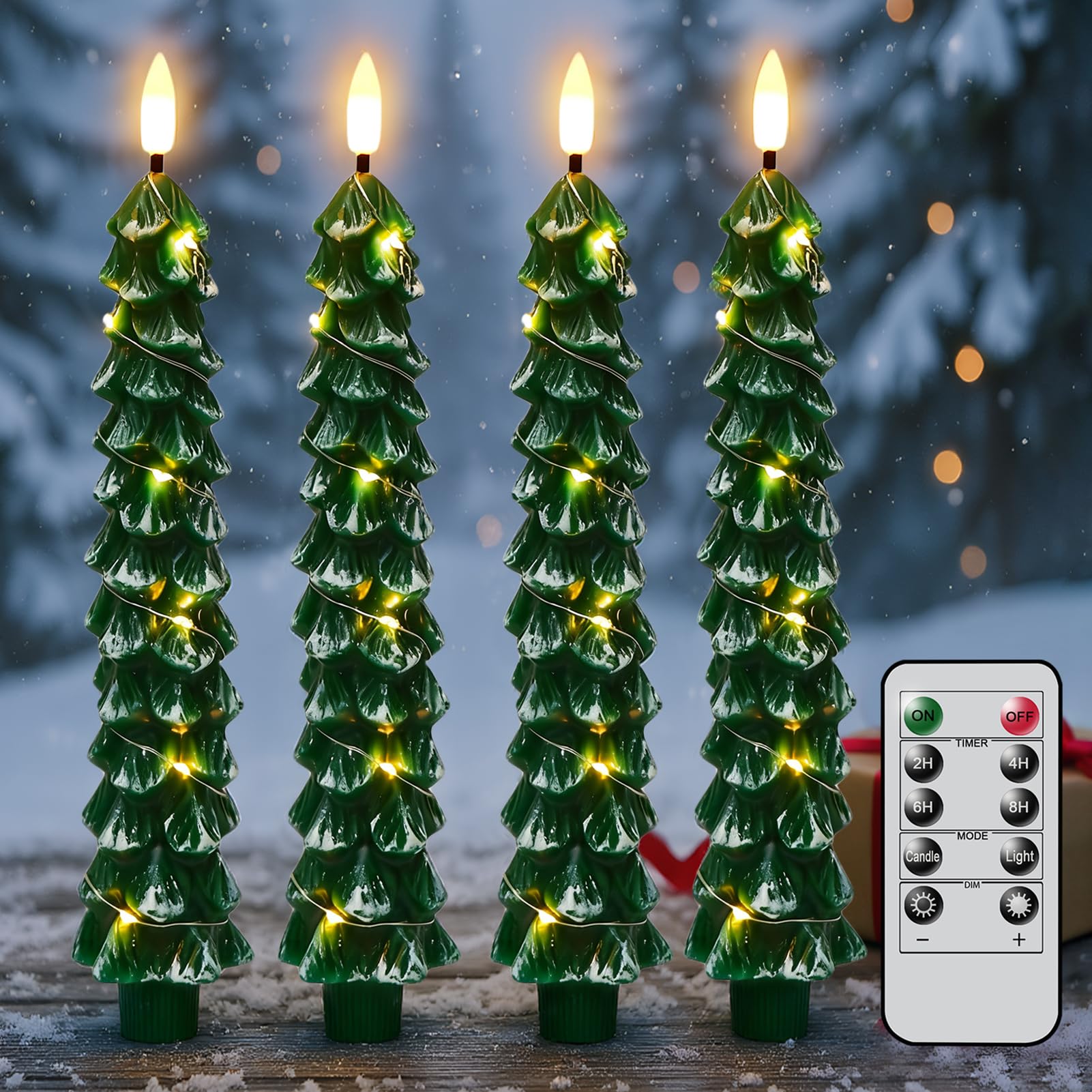 KunSwenn Christmas Tree Candles with Remote, Snowy Waxy Christmas Tree Flameless Taper Candles Battery Operated with String Ligh