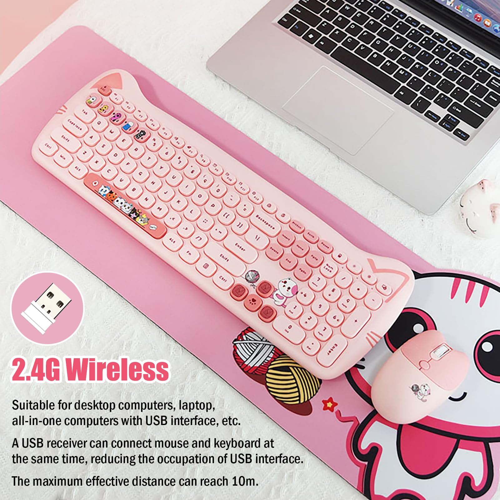 Cute Cat 2.4G Usb Wireless Keyboard And Mouse Combo, Silent Keys, Candy Colors, Compatible With Notebook, Pc (Pink 110Keys)