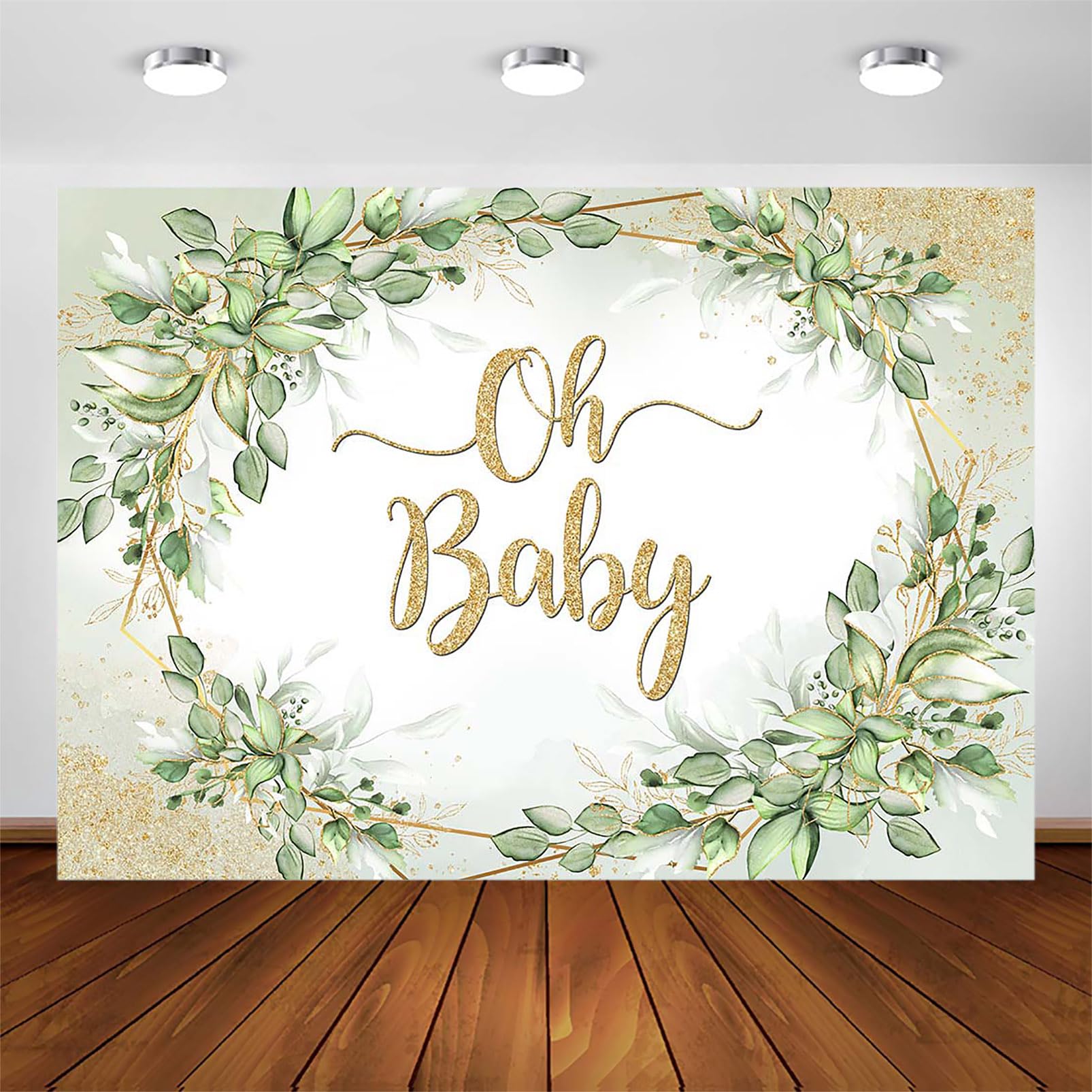 Avezano Sage Green Baby Shower Backdrop Gold Oh Baby Background Greenery Eucalyptus Leaves Baby Shower Party Decorations Banner
