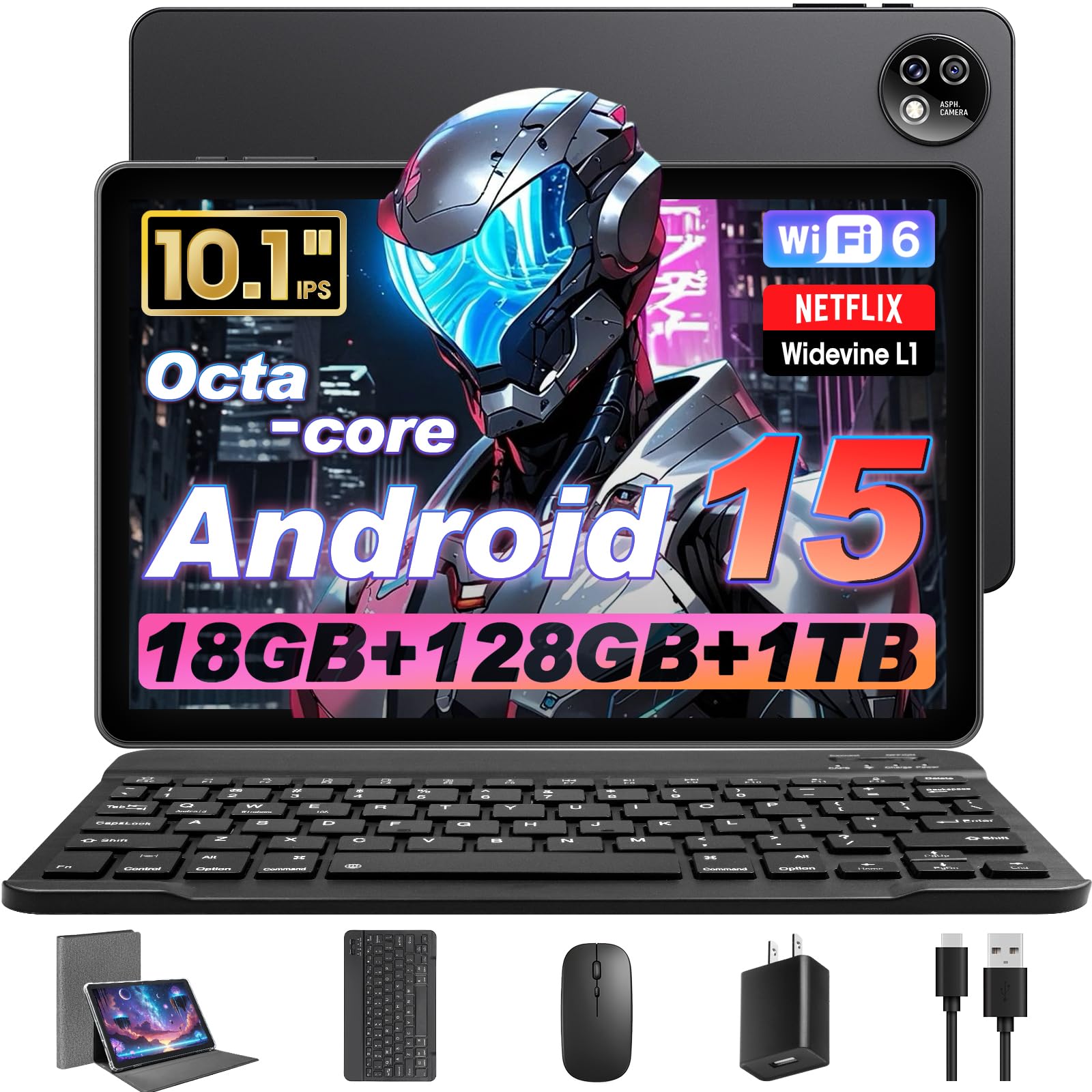 Raemond Android 15 Tablet 10 Inch with Keyboard Mouse, Octa-core CPU