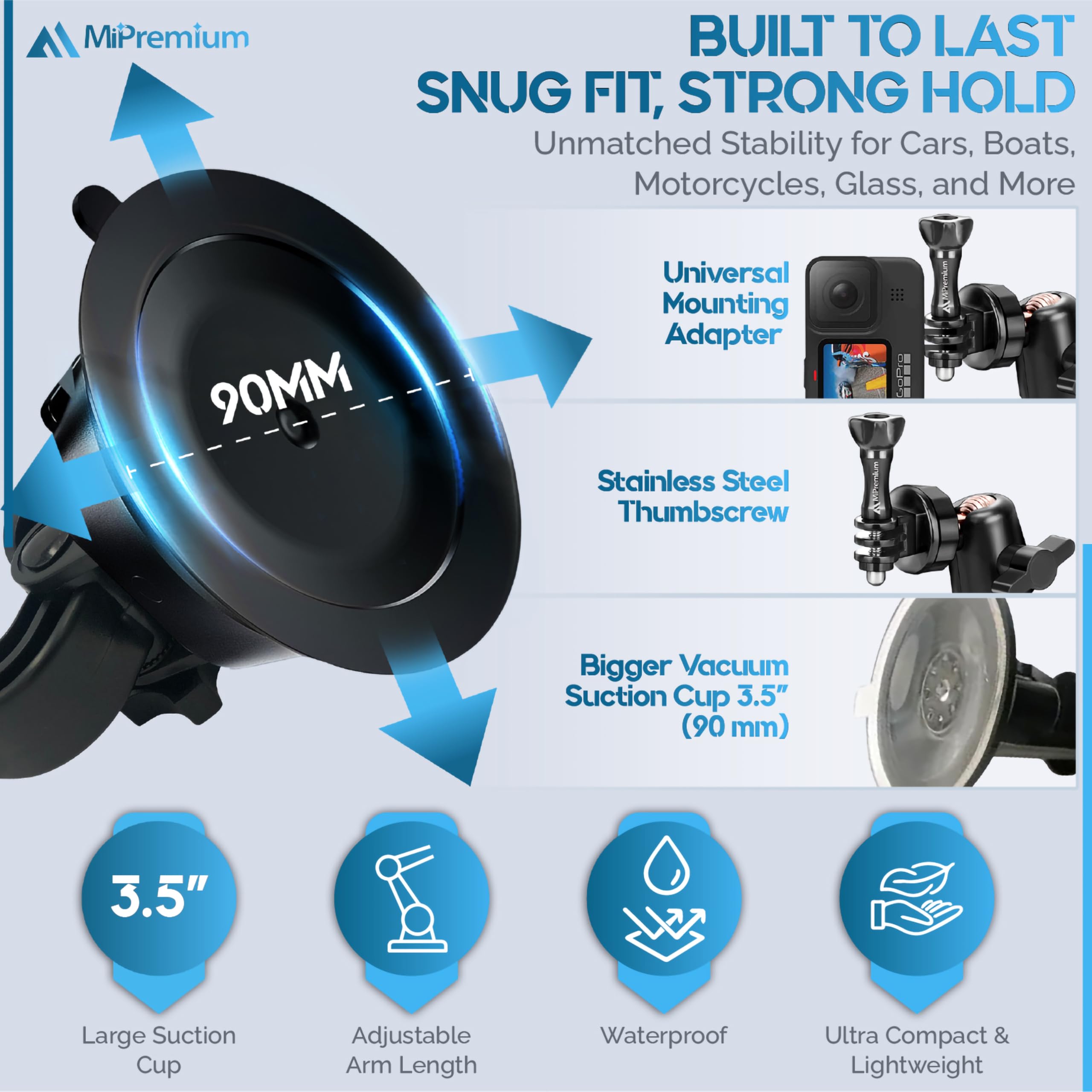 Mipremium Car Suction Cup Mount For Gopro Hero 13 12 11 10 9 8 7 6 5 4 3 3+ 2 Session Black Silver Xiaoyi 4K Sjcam Yi Sports Act