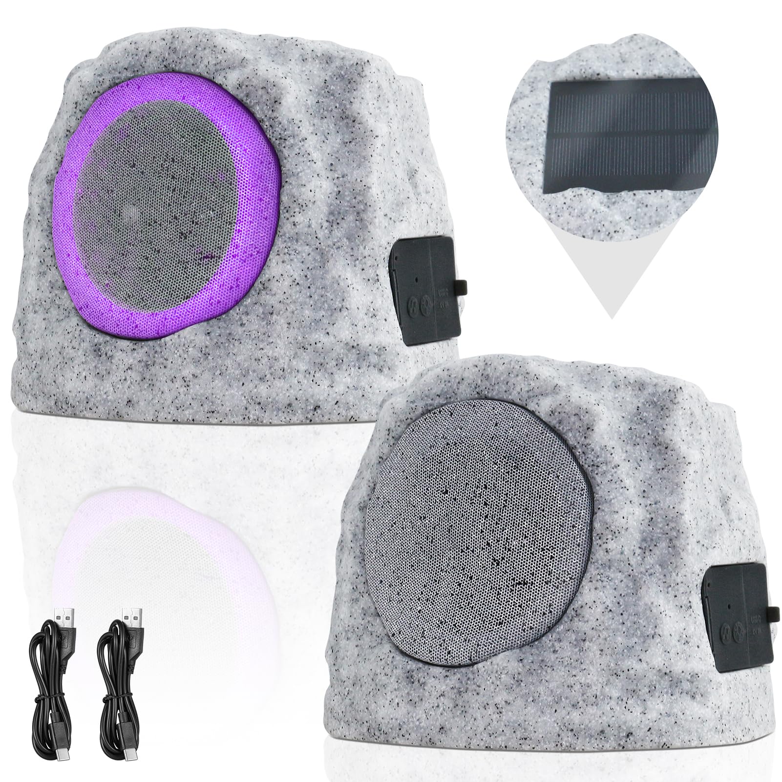 Ggii Rock Speakers Outdoor Waterproof Bluetooth Wireless Solar Powered Rock Speakers Rechargeable Battery 2 Pack With 7 Colors A