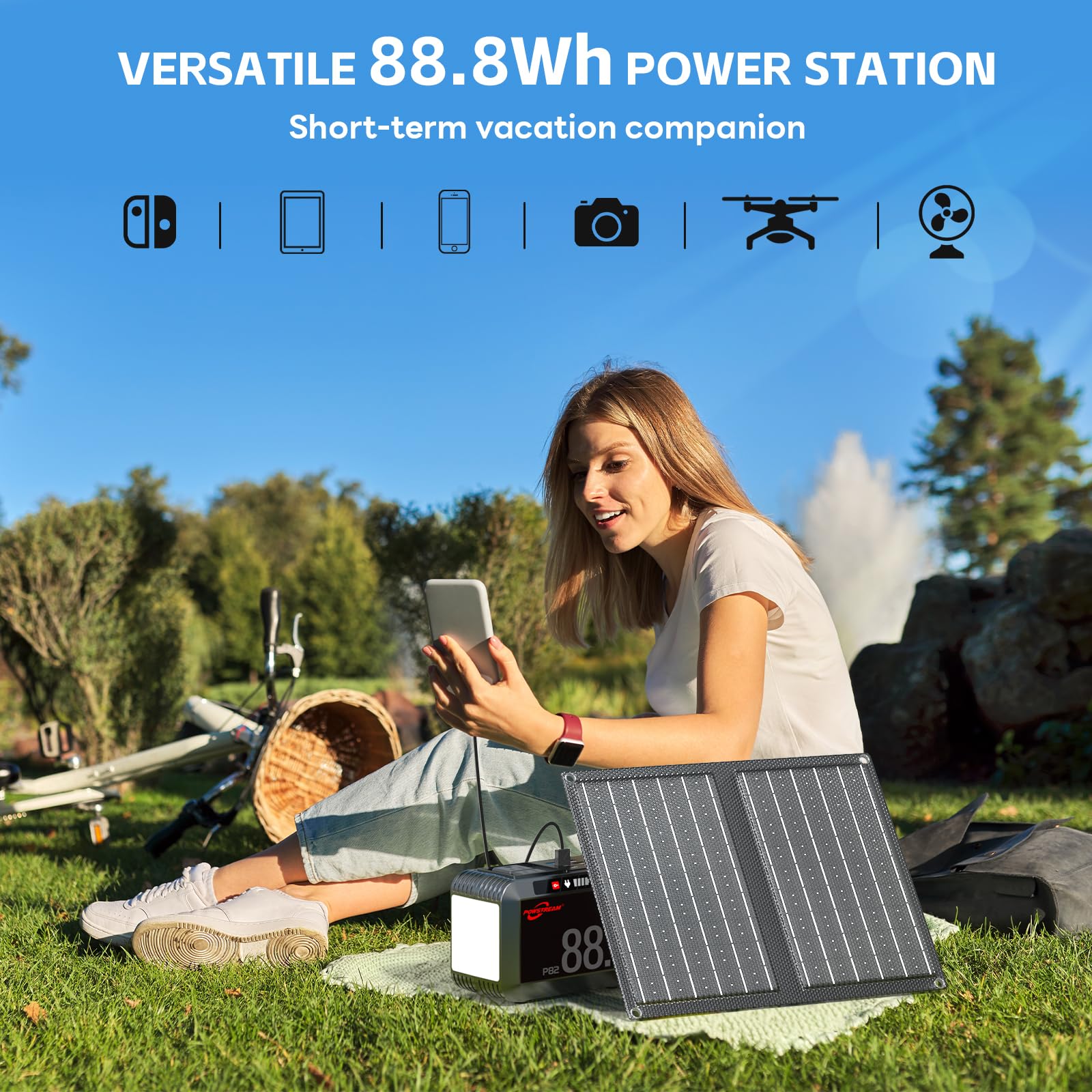 Powstream Solar Generator 24000Mah Portable Power Station With 21W Foldable Solar Panel And Portable Camping Light Included, 88.