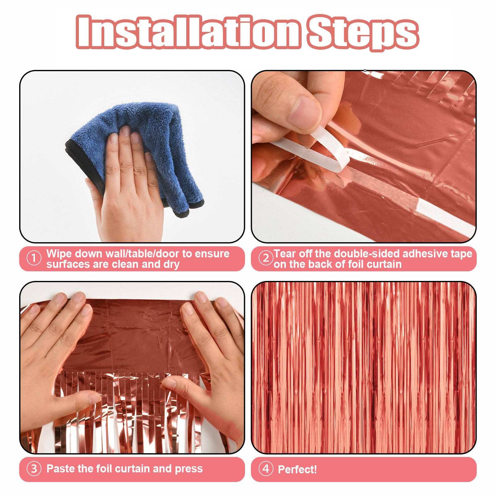 5 Pack Rose Gold Metallic Tinsel Foil Fringe Curtains Party Photo Backdrop Party Streamers For Birthday,Graduation,New Year Eve