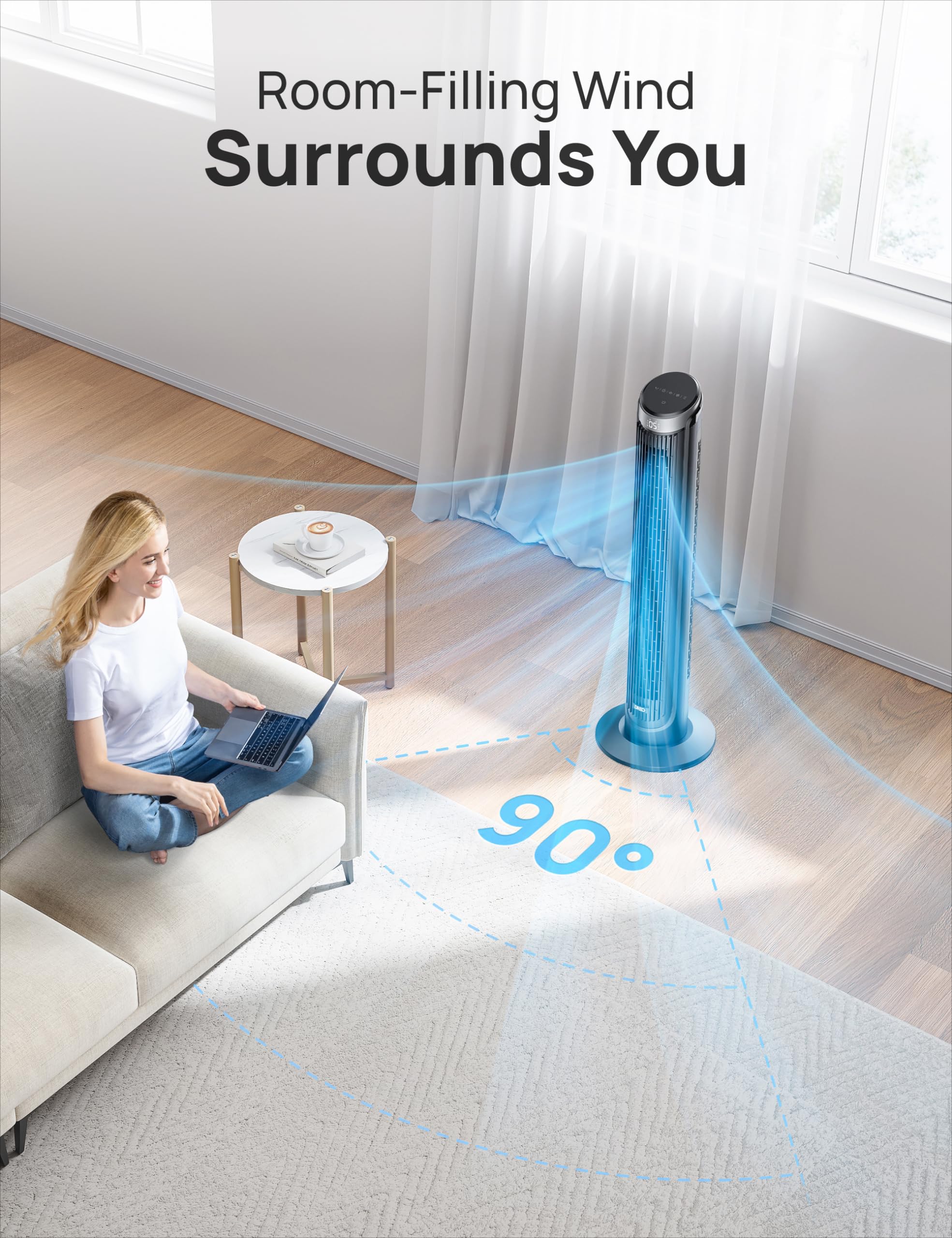 Dreo Tower Fans For Bedroom, 90� Oscillating Fans For Indoors, 5 Speeds 4 Modes Max 26Ft/S, 12H Timer, Led Display With Touch, Remote, 40' Quiet Bladeless Standing Floor Fan For Home Office, Black
