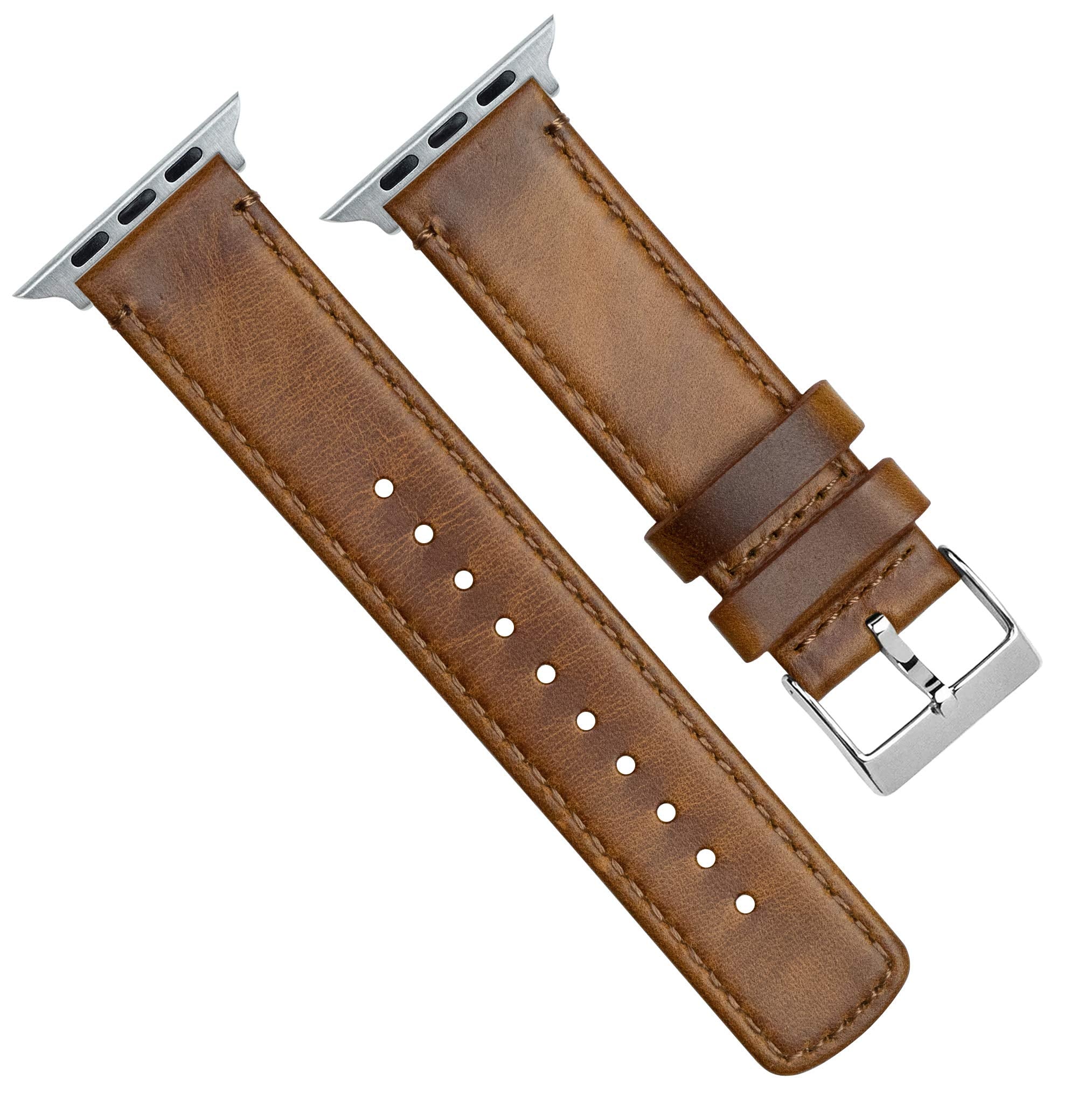 Barton Watch Bands   Caramel Tan Leather & Stitching Top Grain Leather Watch Bands Compatible With Apple Watch Models   1, 2, 3,
