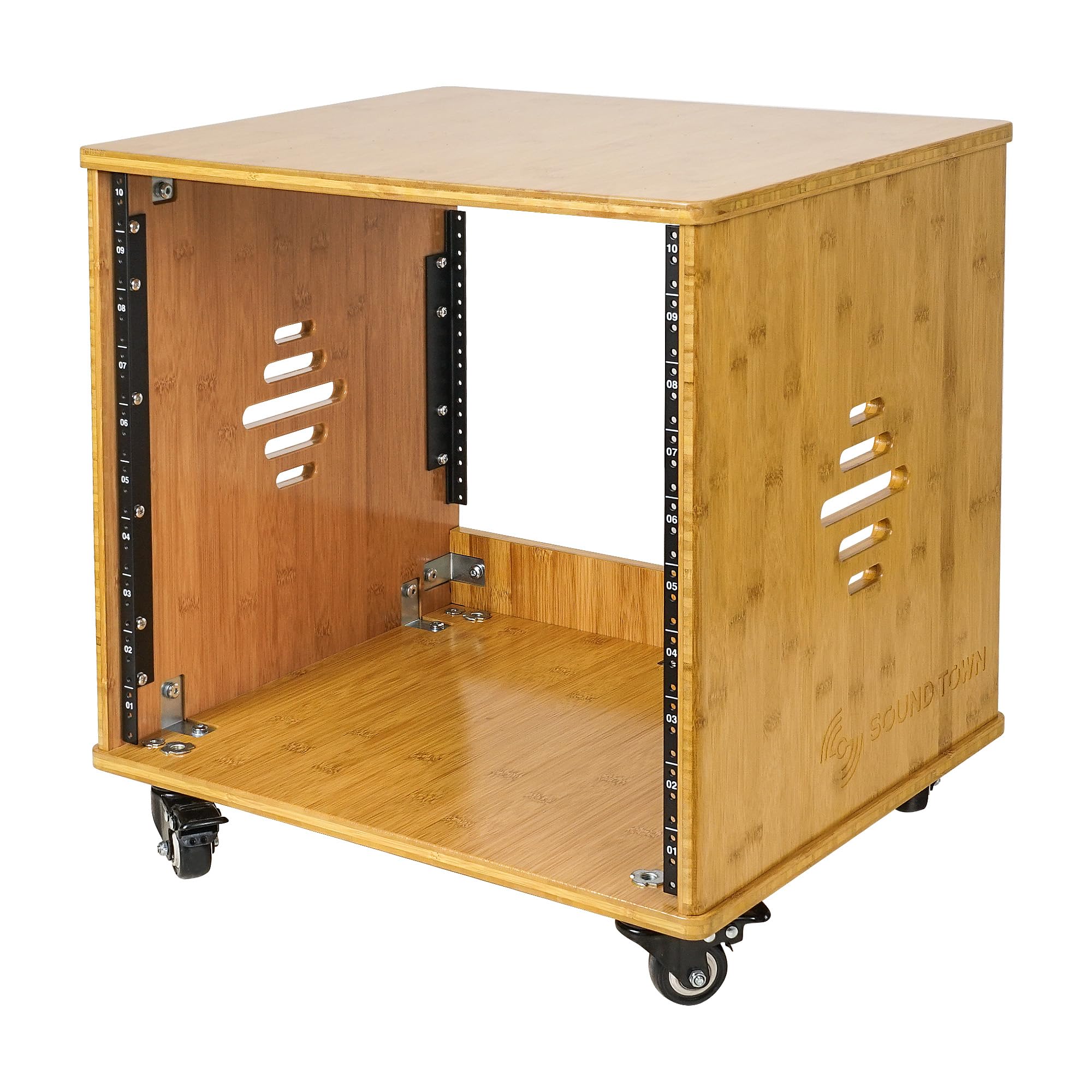 Sound Town Diy 10U Solid Carbonized Bamboo Studio Rack W/ 16 Depth, Ventilation, Rubber Feet, Casters For Recording Room, Pa/Dj