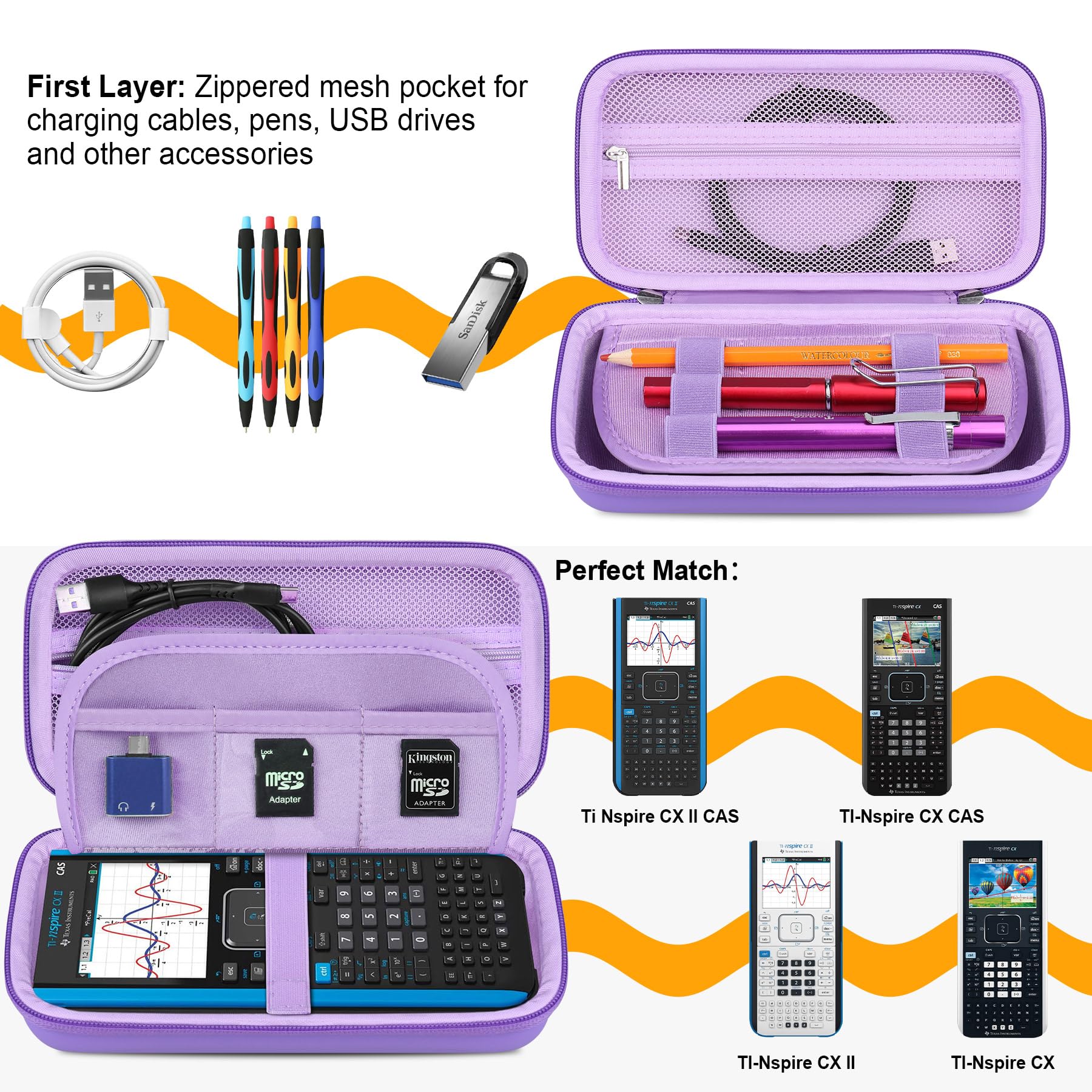 Elonbo Carrying Case For Texas Instruments Ti Nspire Cx Ii Cas/Cx Ii/Cx/Cx Cas Color Graphing Calculator, Extra Mesh Pocket Fits Charging Cable, Charger, Manual, Purple, L92Zz