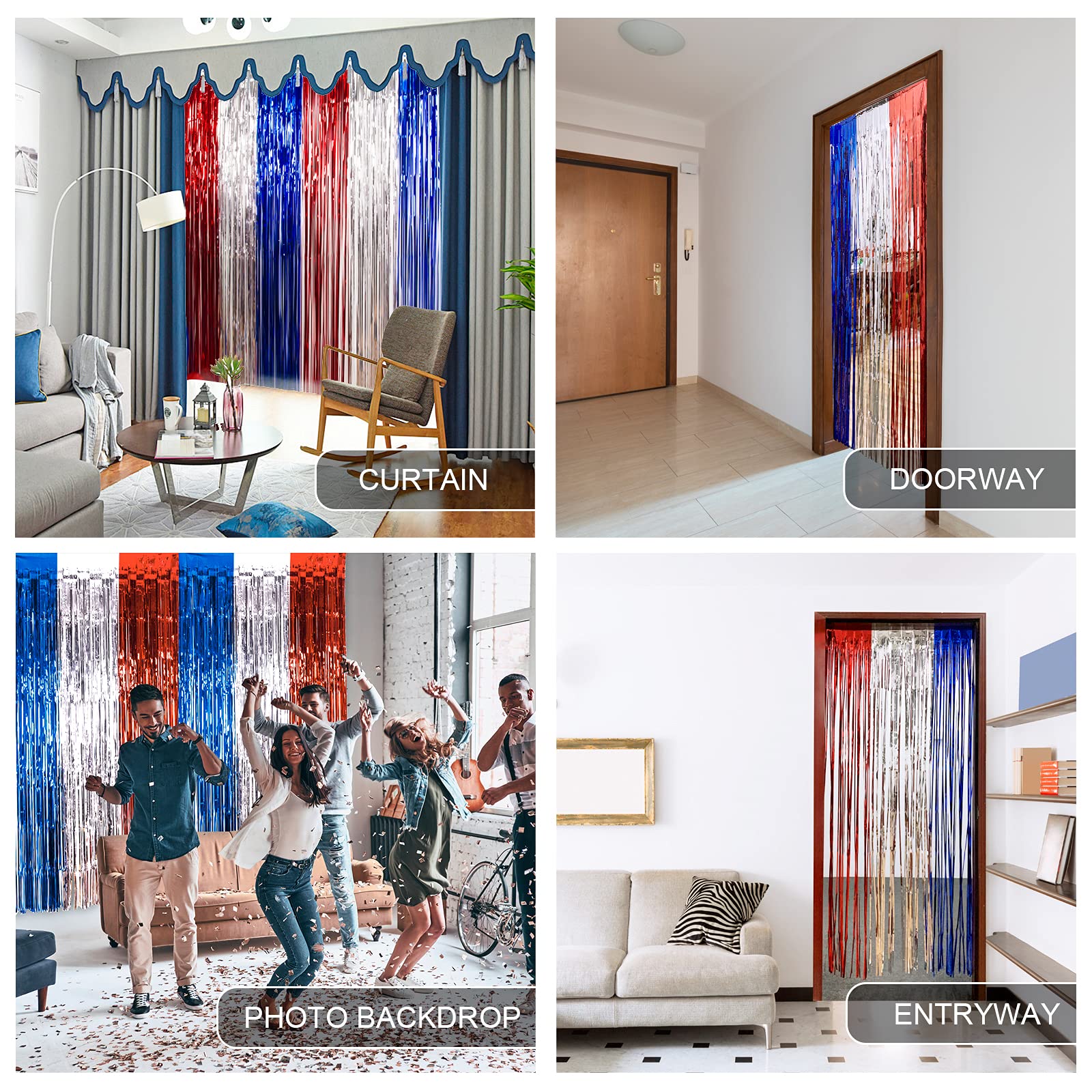 Lolstar 4Th Of July Decorations,Red White And Blue 3 Pack Tinsel Foil Fringe Curtains,4Th Of July Photo Booth Prop Streamer Back