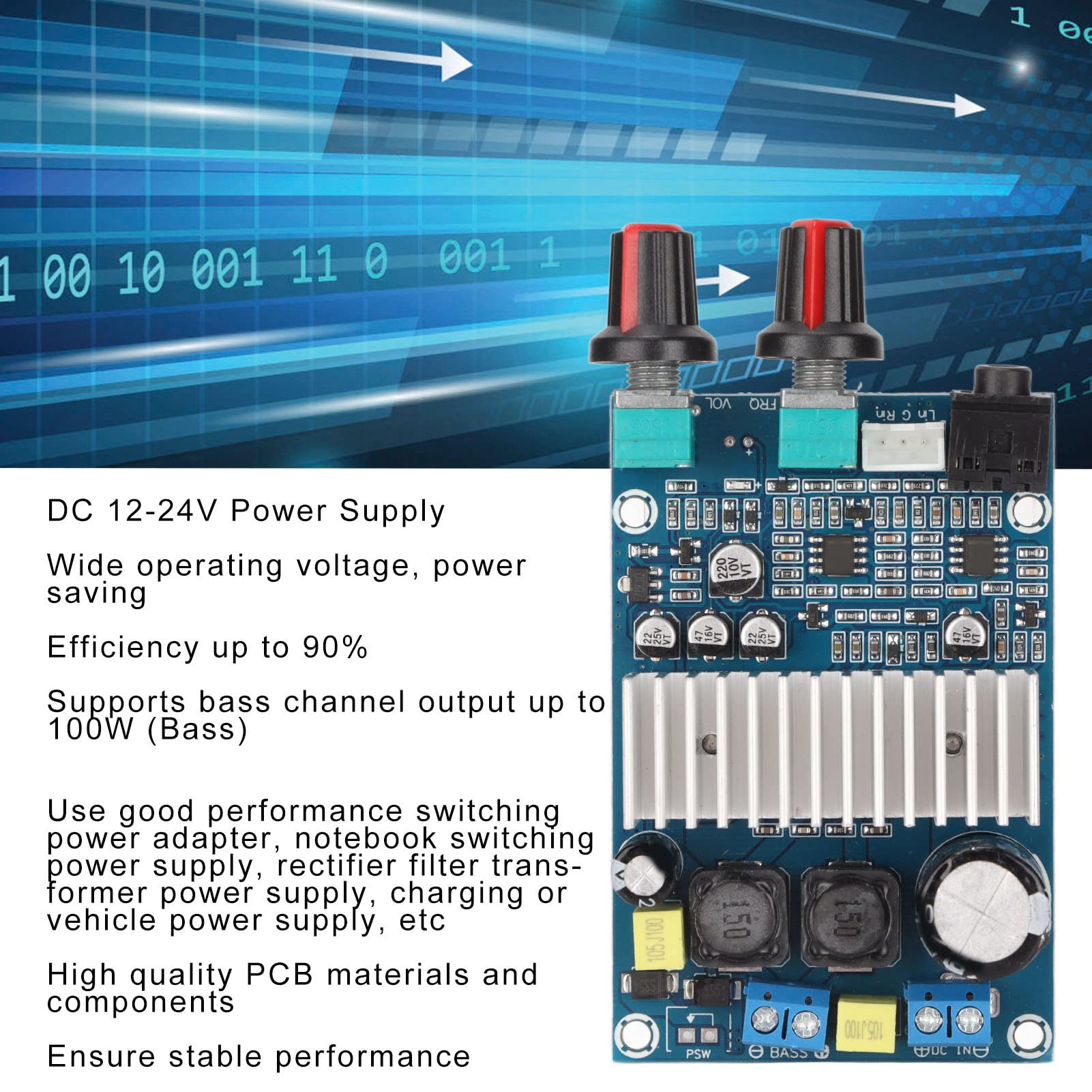 100W Digital Amplifier Board Subwoofer Amp Module For Diy Speaker 12 To 24V Power Supply, Multi Functional With Preamplifier, Ba
