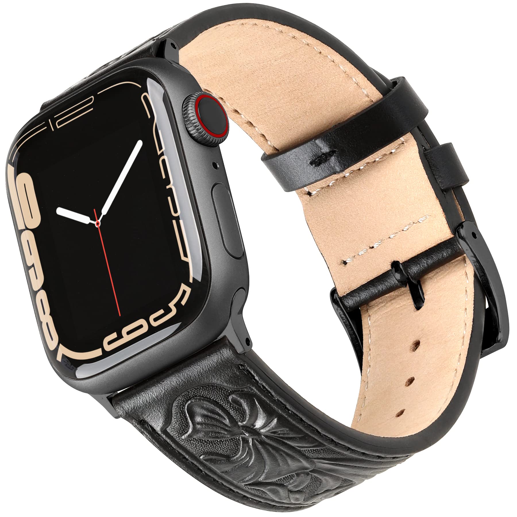 Falandi For Apple Watch Band Leather Black 42Mm 41Mm 40Mm, Western Retro Leather Classical Replacement Smart Watch Band For Iwat