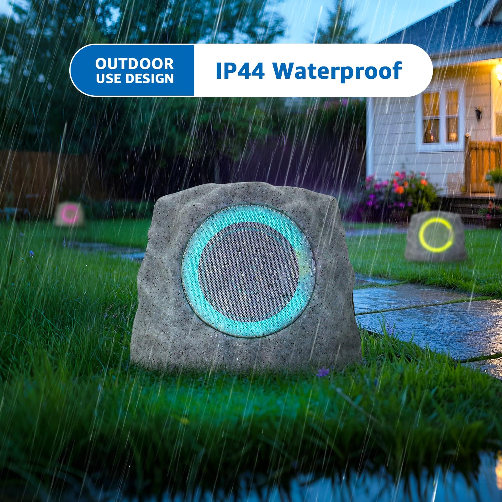 Ggii Rock Speakers Outdoor Waterproof Bluetooth Wireless Solar Powered Rock Speakers Rechargeable Battery 2 Pack With 7 Colors A