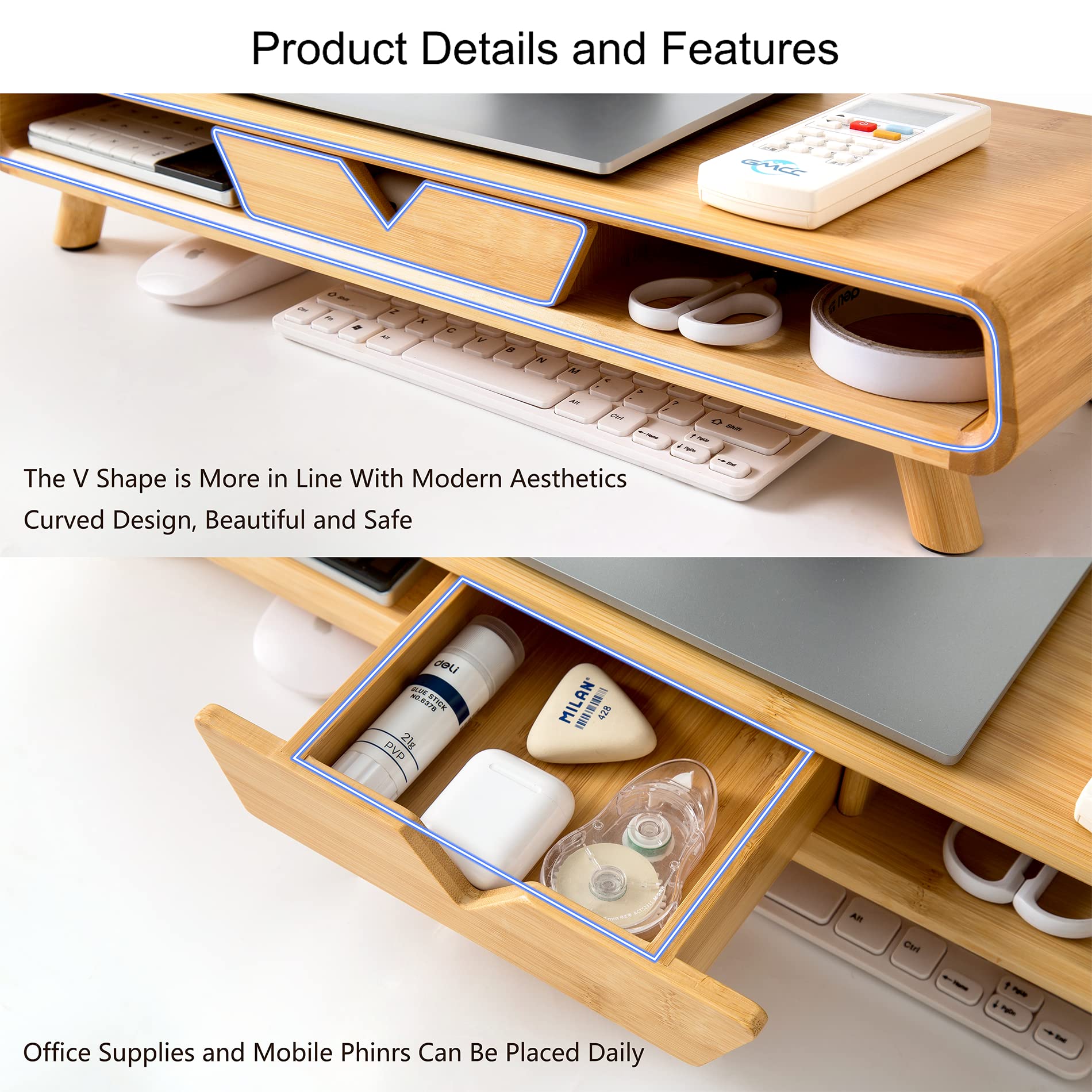 Homerays Bamboo Monitor Stand Riser, No Assembly Required Exquisite Monitor Stand With Drawer Ergonomic Height Wood Monitor Stan