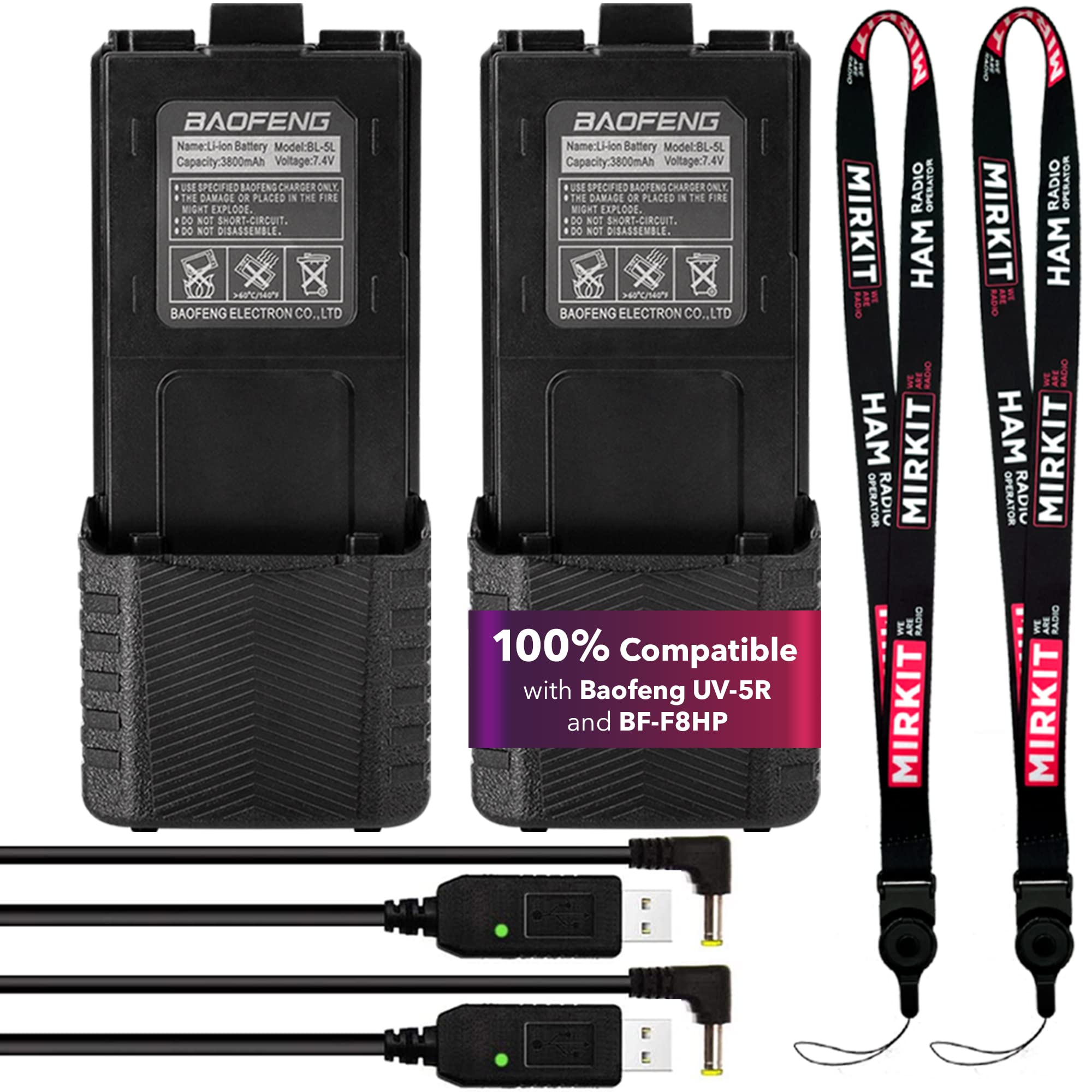 Mirkit 2Pc Uv5R Battery Bl 5 3800Mah & 2Pc 2.5 Mm Usb Charger Cables With Lanyards Mirkit For Two Way Radio Compatible With Baofeng Uv 5R Bf F8Hp Uv 5Rx3 Uv 5Rtp Uv 5X3