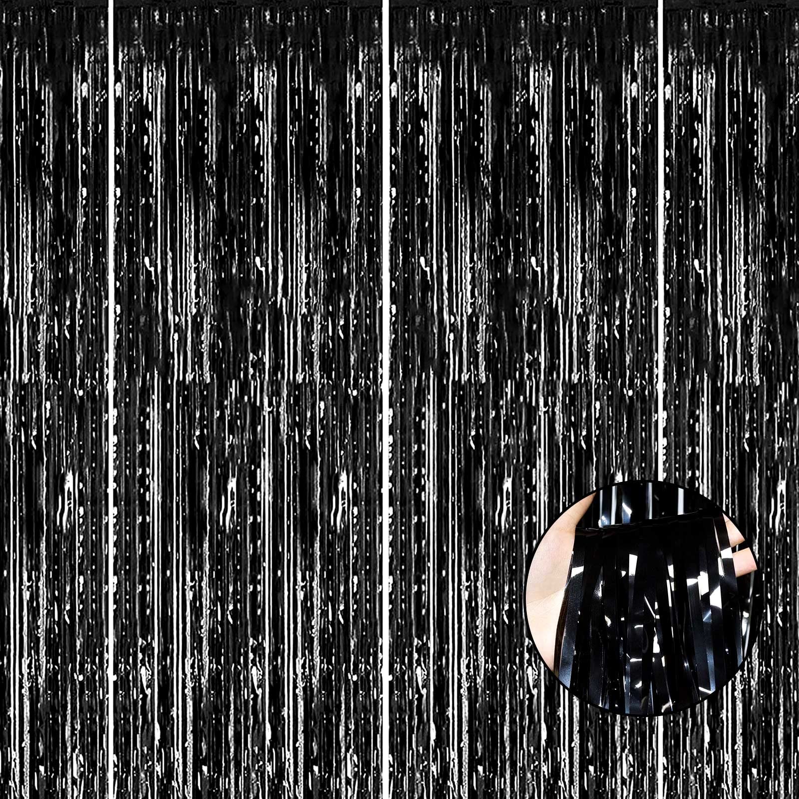 Halloweendecorate 4 Pack Black Foil Fringe Curtain Backdrop, 3.28Ft X 8.2Ft Metallic Tinsel Streamer Curtains For Party, Photo B