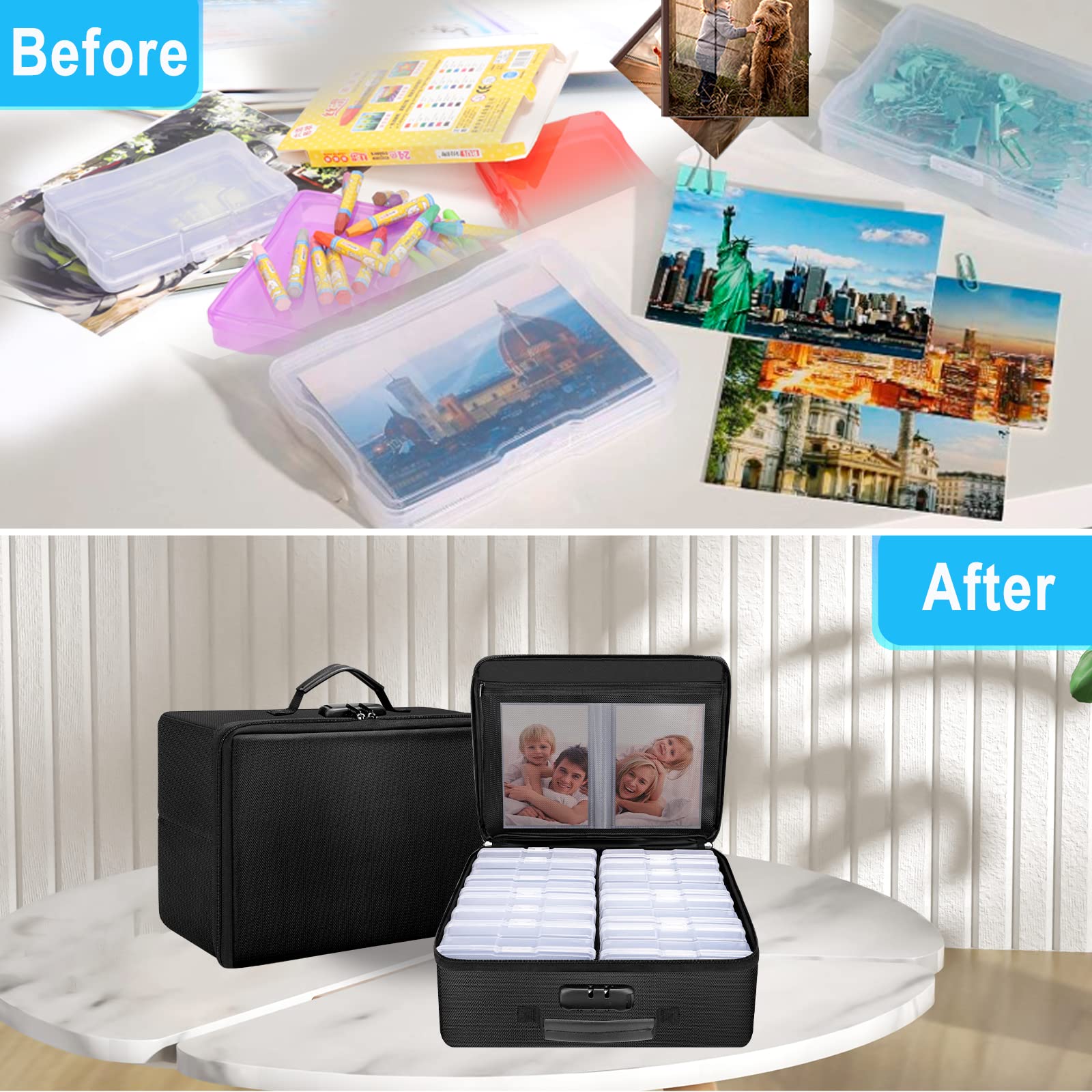 Engpow Fireproof Photo Storage Box With 16 Inner 4'' X 6'' Photo Case(Clear),Photo Box Organizer With Lock,Collapsible Portable
