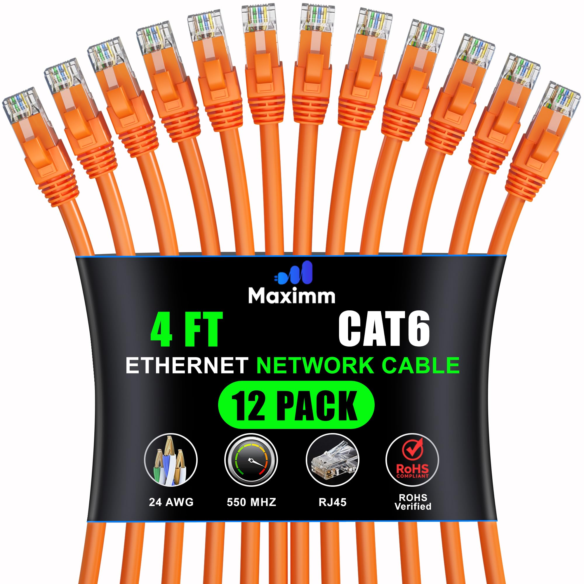 Maximm Cat 6 Ethernet Cable - 4 ft (12-Pack) - High-Speed LAN, Internet, Patch, and Network Cable - UTP, 10Gbps, 550MHz Ethernet