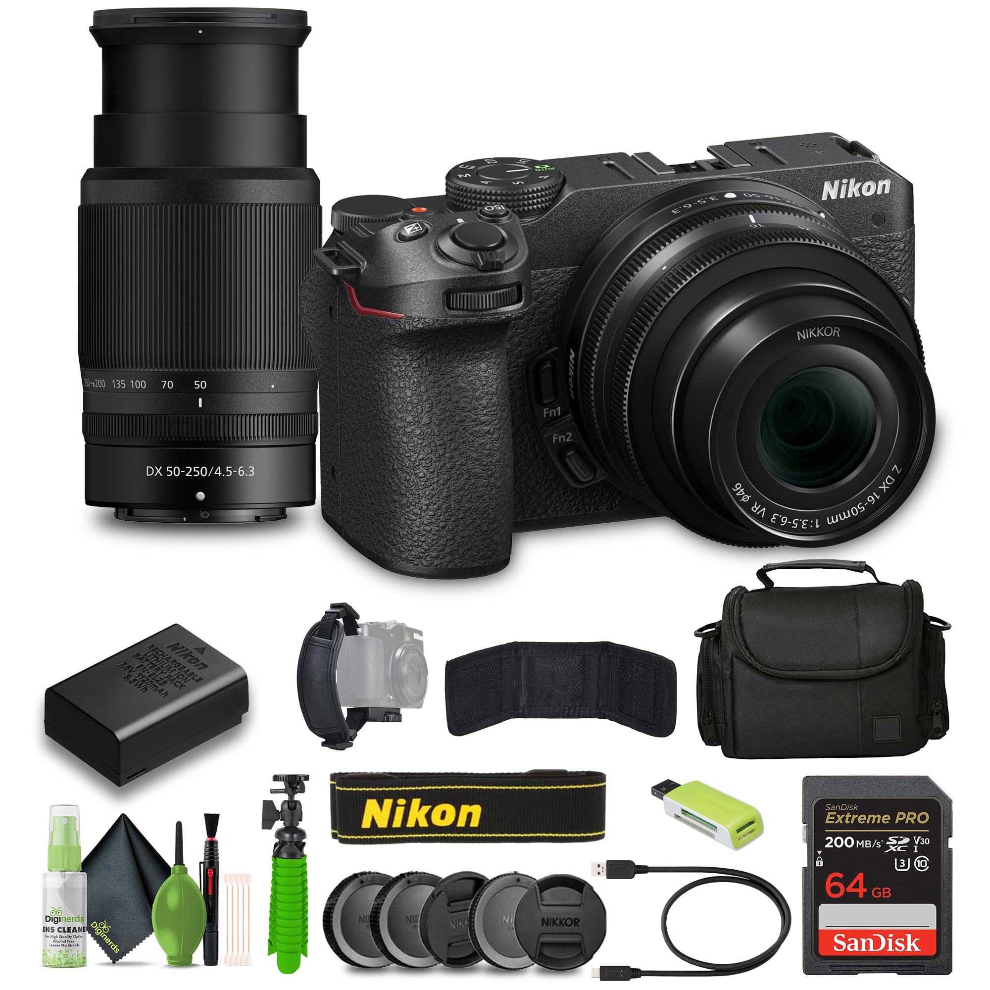 Nikon Z30 Mirrorless Camera with 16-50mm and 50-250mm Lenses + Soft Case + Cleaning Kit + Memory Card Wallet + Extreme PRO 64GB 