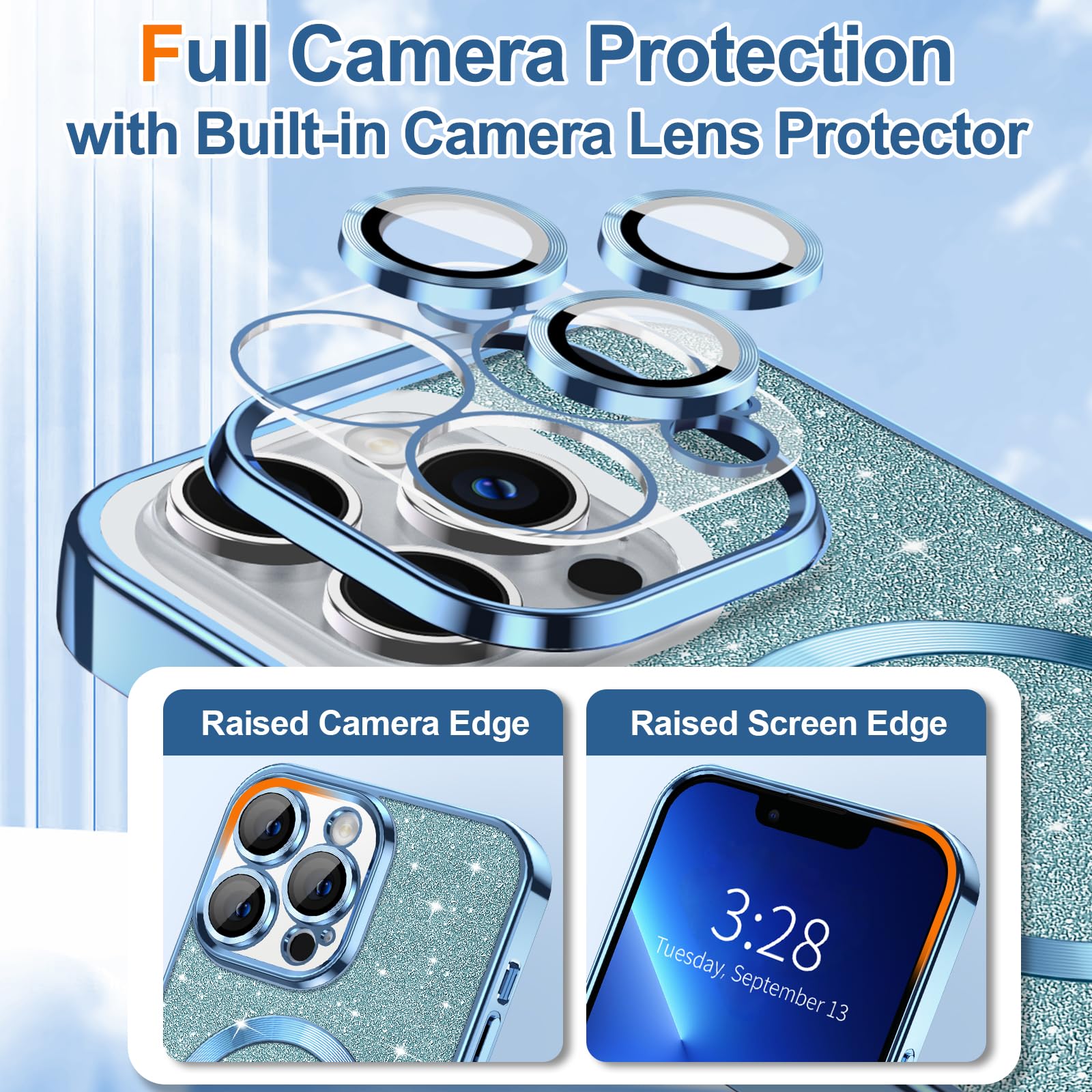 Hython For Iphone 13 Pro Case Glitter, Clear Magnetic Phone Case With Camera Lens Protector [Compatible With Magsafe] Bling Spar