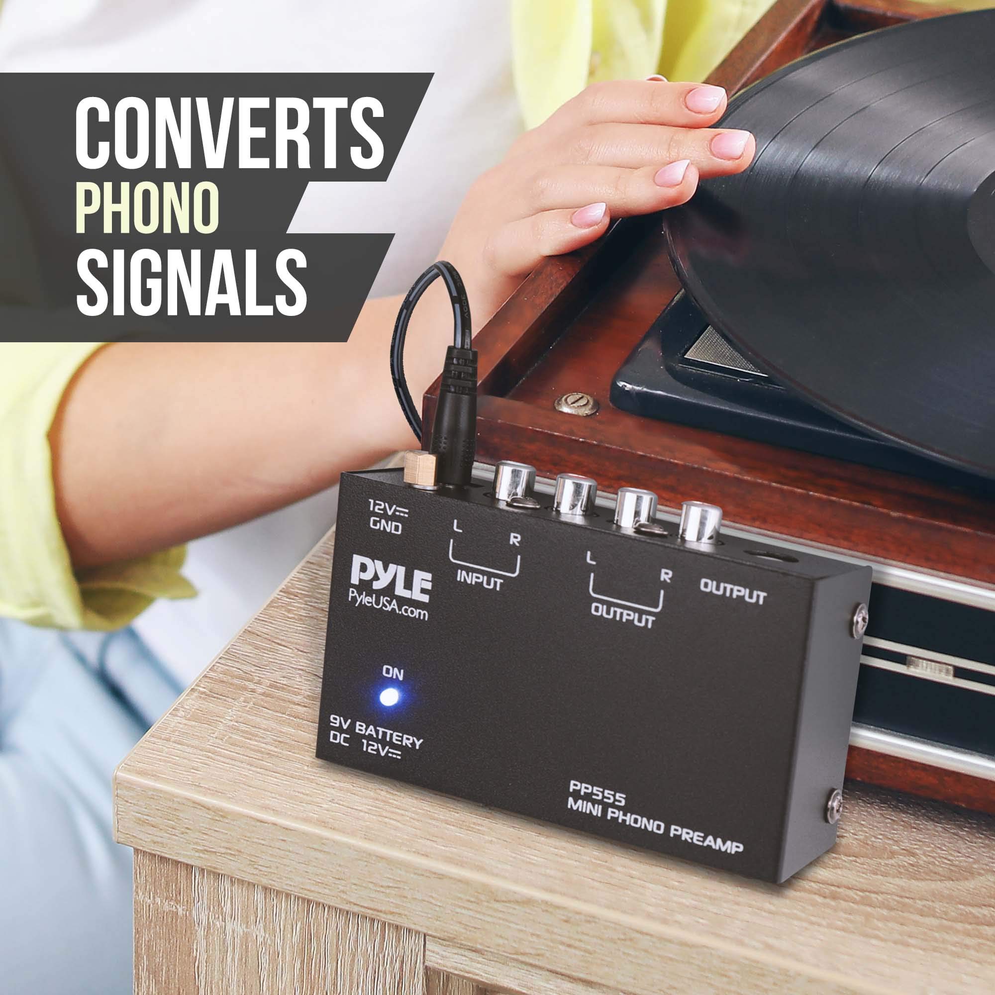 Pyle Phono Turntable Preamp - Mini Electronic Audio Stereo Phonograph Preamplifier With 9V Battery Compartment, Separate Dc 12V