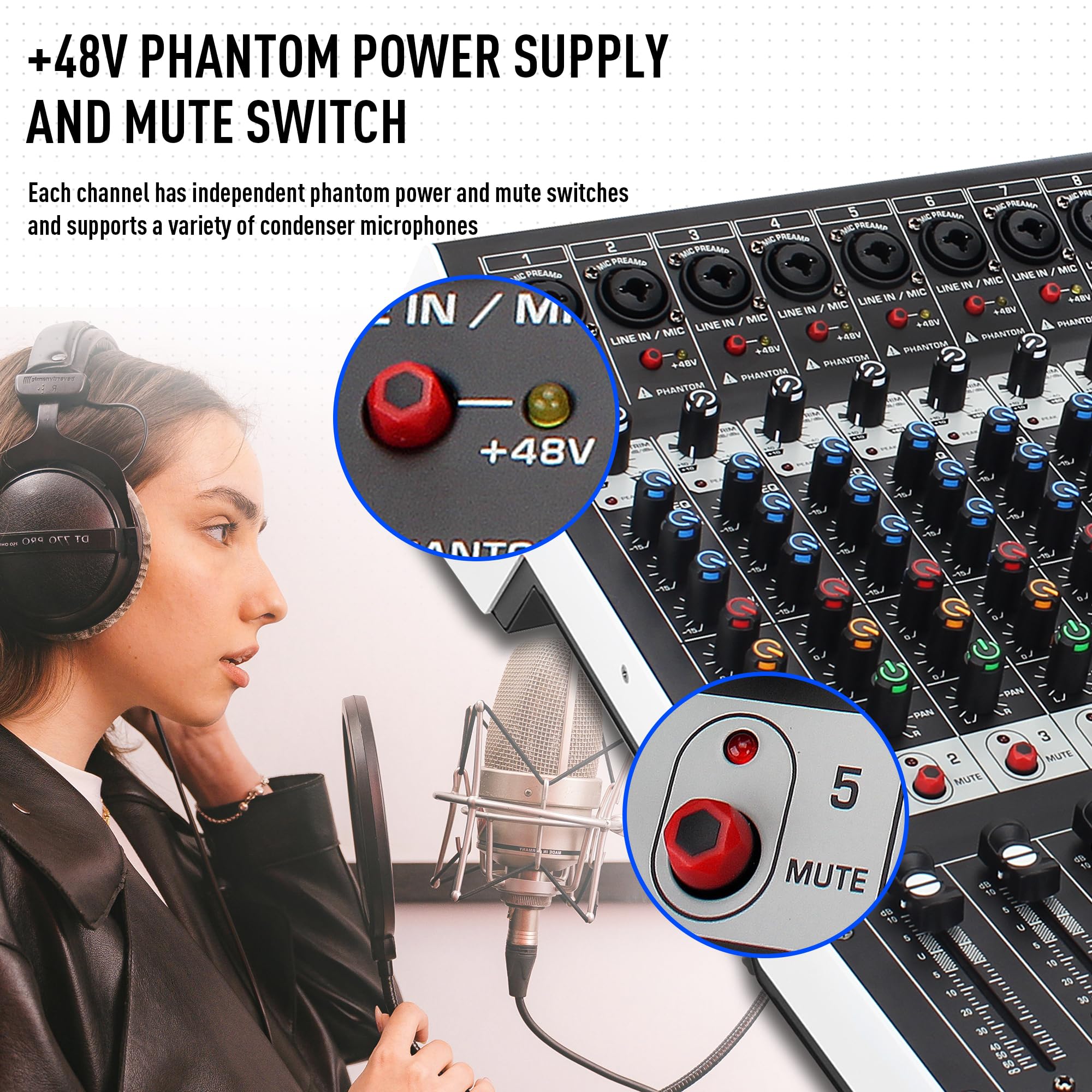 Fulode 8 Channel Professional Audio Mixer Sound Board Console 99 Bit Dsp Digital Processor W/Usb Bluetooth Mp3 For Pc Recording