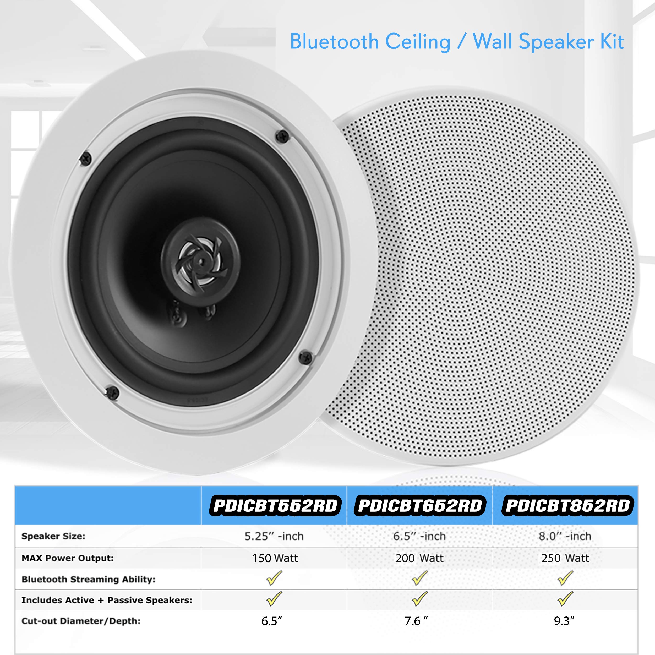 Pyle 5.25    Pair Bluetooth Flush Mount In-Wall In-Ceiling 2-Way Speaker System Quick Connections Changeable Round/Square Grill