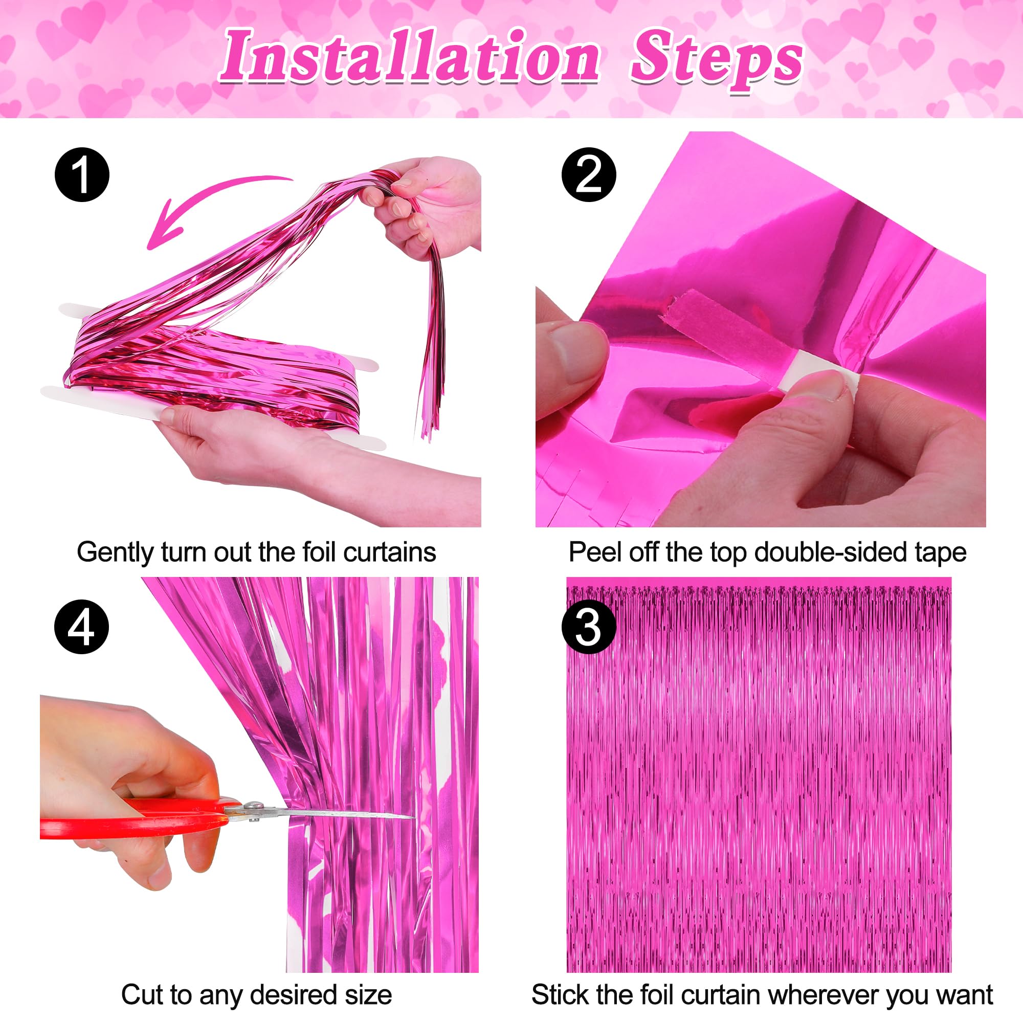 2 Pack Valentines Party Decorations, 3.28 Ft X 7.05 Ft Hot Pink Backdrop, Metallic Valentines Photo Backdrop Foil Curtains Tinse