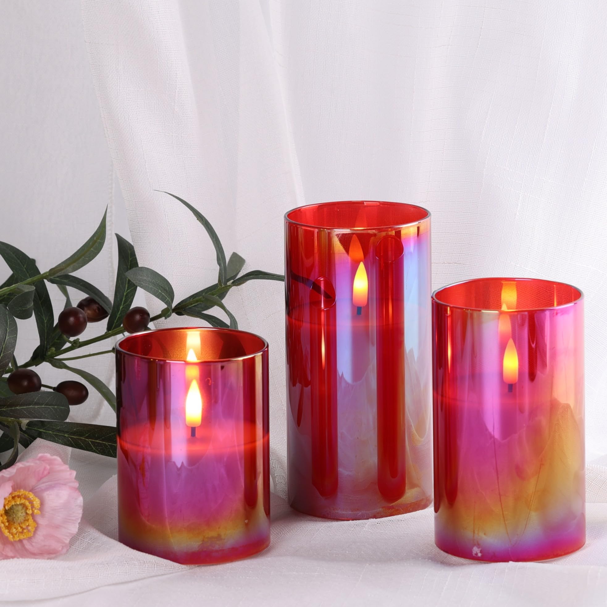 Eywamage Red Glass Flameless Led Pillar Candles With Remote, Flickering Battery Christmas Candles Set Of 3