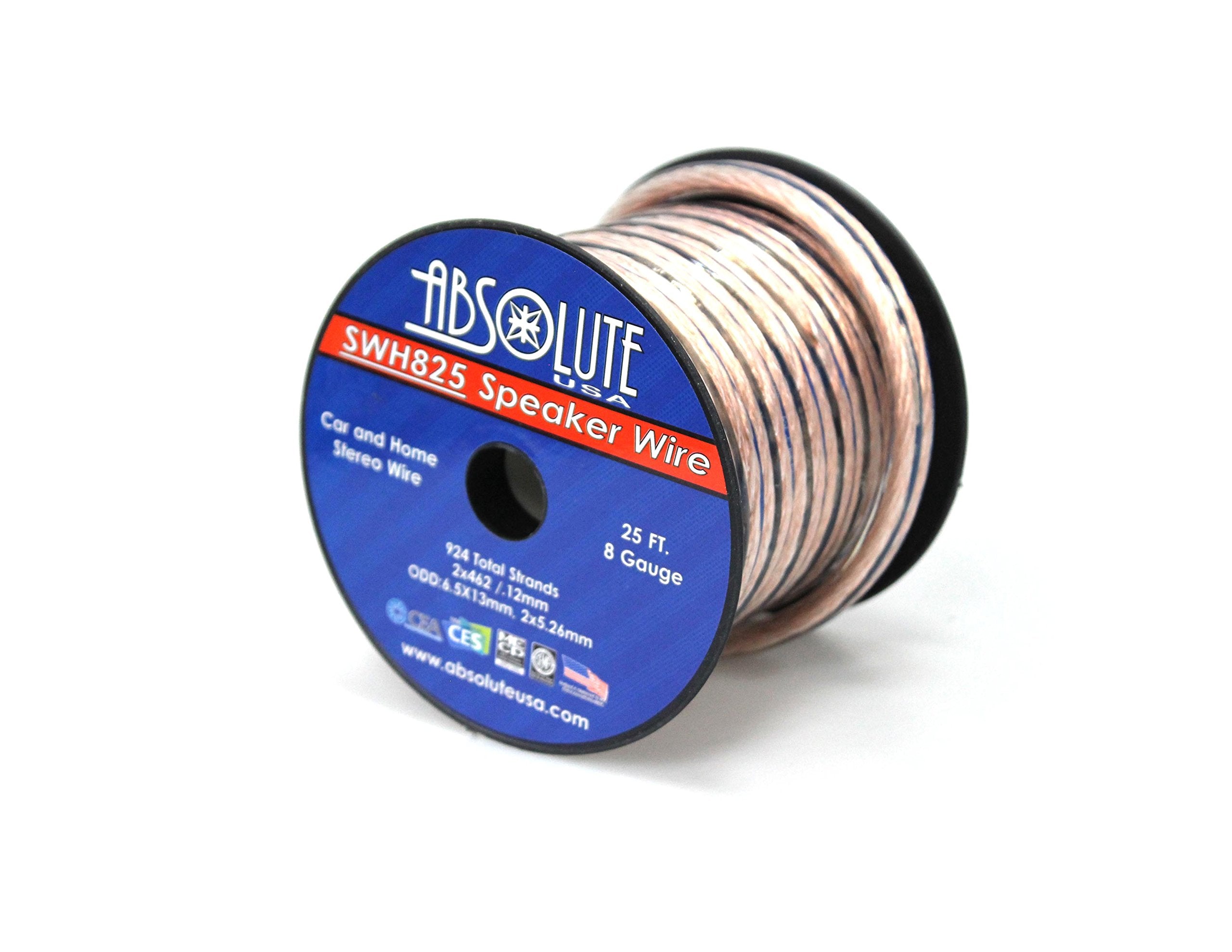 Absolute Usa Swh825 8 Gauge Car Home Audio Speaker Wire Cable Spool 25'