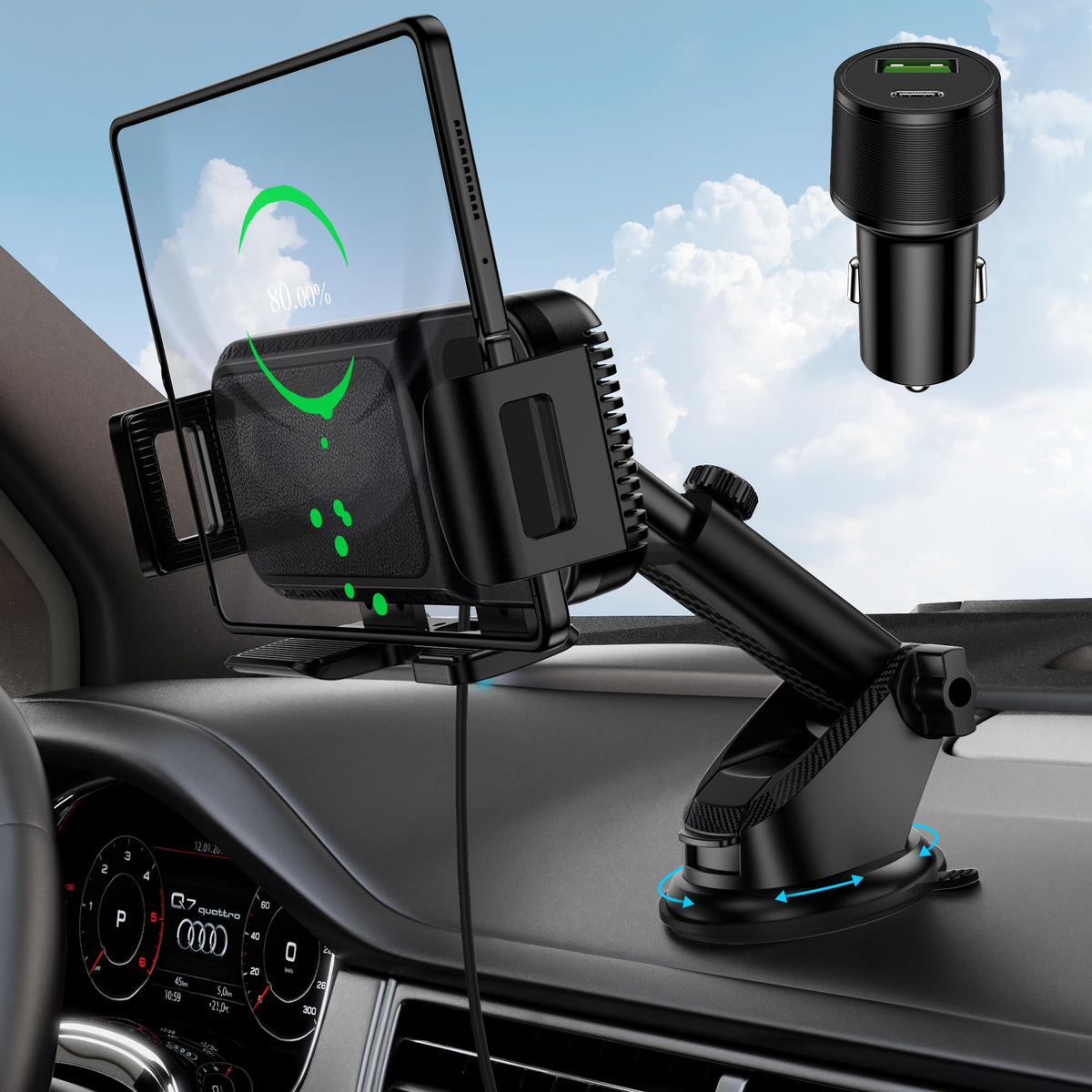 Wireless Car Charger Mount, 15W Dual Coil Rotatable Car Phone Holder Wireless Charger For Samsung Galaxy Z Fold 6/5/4/3/2, Z Fli
