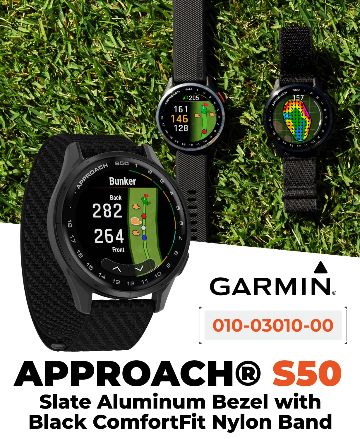 Garmin Approach S50 Golf Gps Smartwatch Slate Aluminum Bezel With Black Comfortfit Nylon Band With Wearable4U Power Bank Bundle