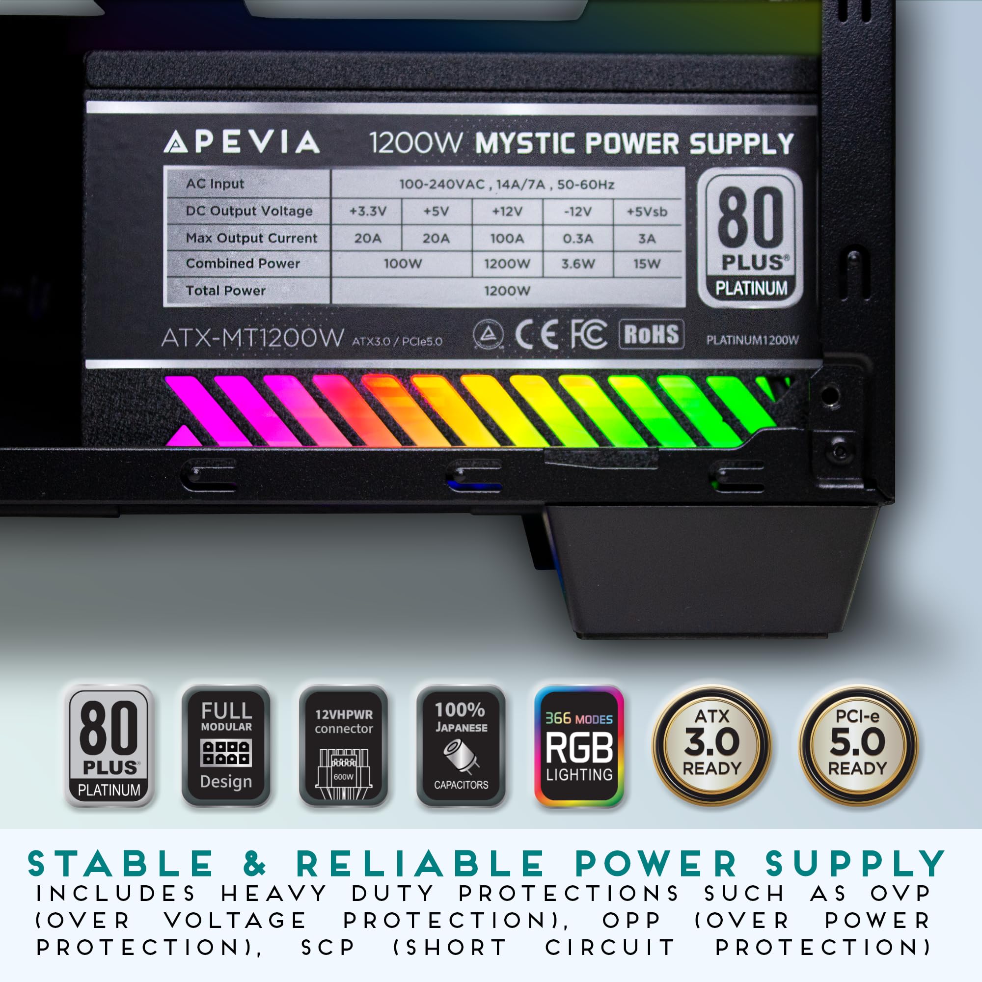 Apevia Atx Mt1200W Mystic 1200W Fully Modular 80+ Platinum Certified, Pcie 5.0 & Atx 3.0 Ready Active Pfc Atx Rgb Gaming Power S