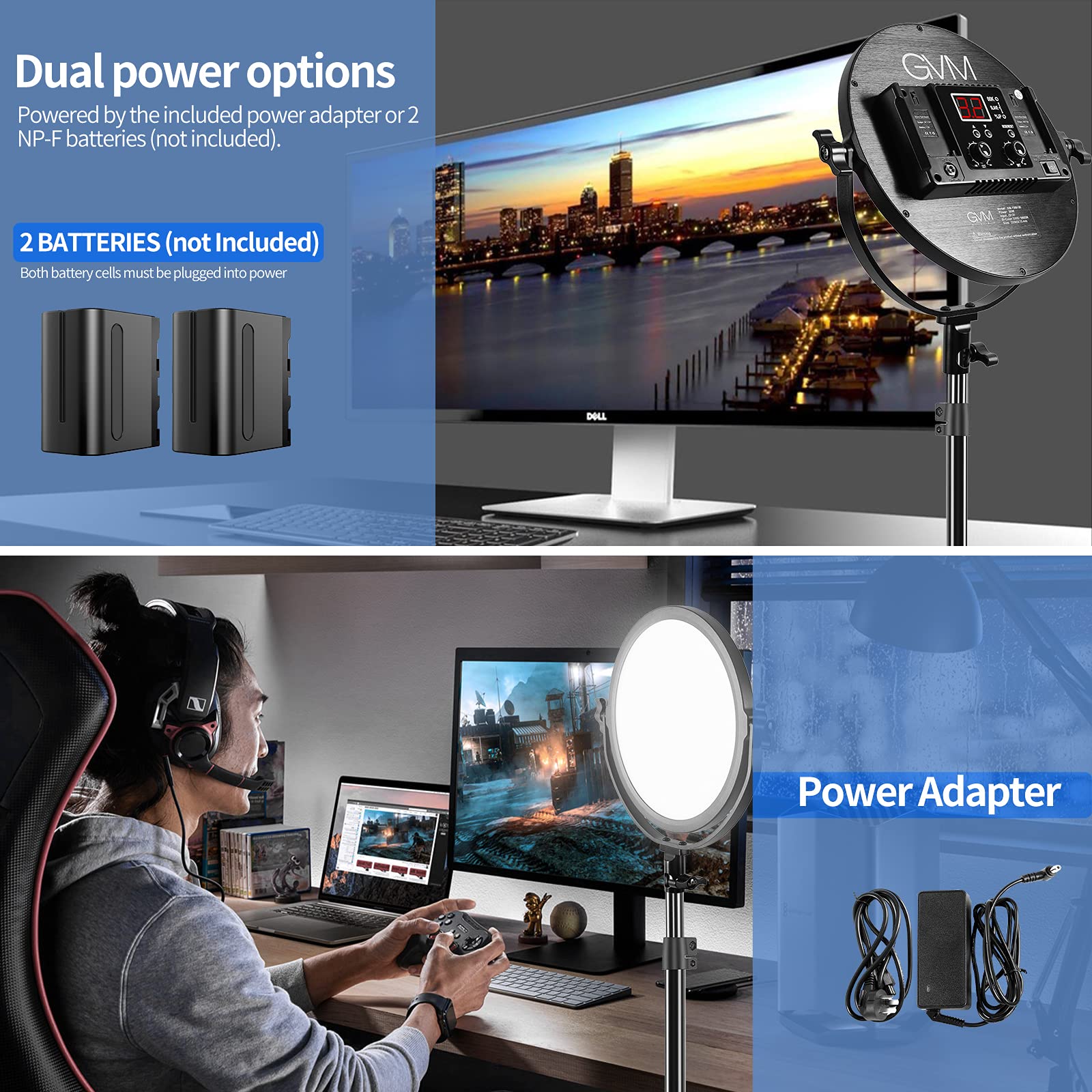 Gvm Desk Mount Led Video Light, 10'' Round Key Light With Built In Diffuser And Lcd Display, Bi Color Professional Light For Gam