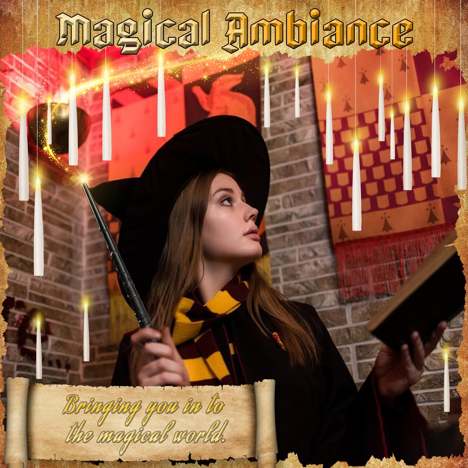 20 Pcs Floating Candles With Wand, Halloween Decoration Magic Hanging Flickering Warm Light Taper Led Candles With Wand Remote,